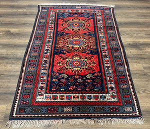 Antique Caucasian Seychour Rug 3.7 x 5.5, Collectible Oriental Carpet, Navy Blue and Red, Fine Kuba Rug, Vintage Rug, Wool Hand Knotted Rug - Jewel Rugs