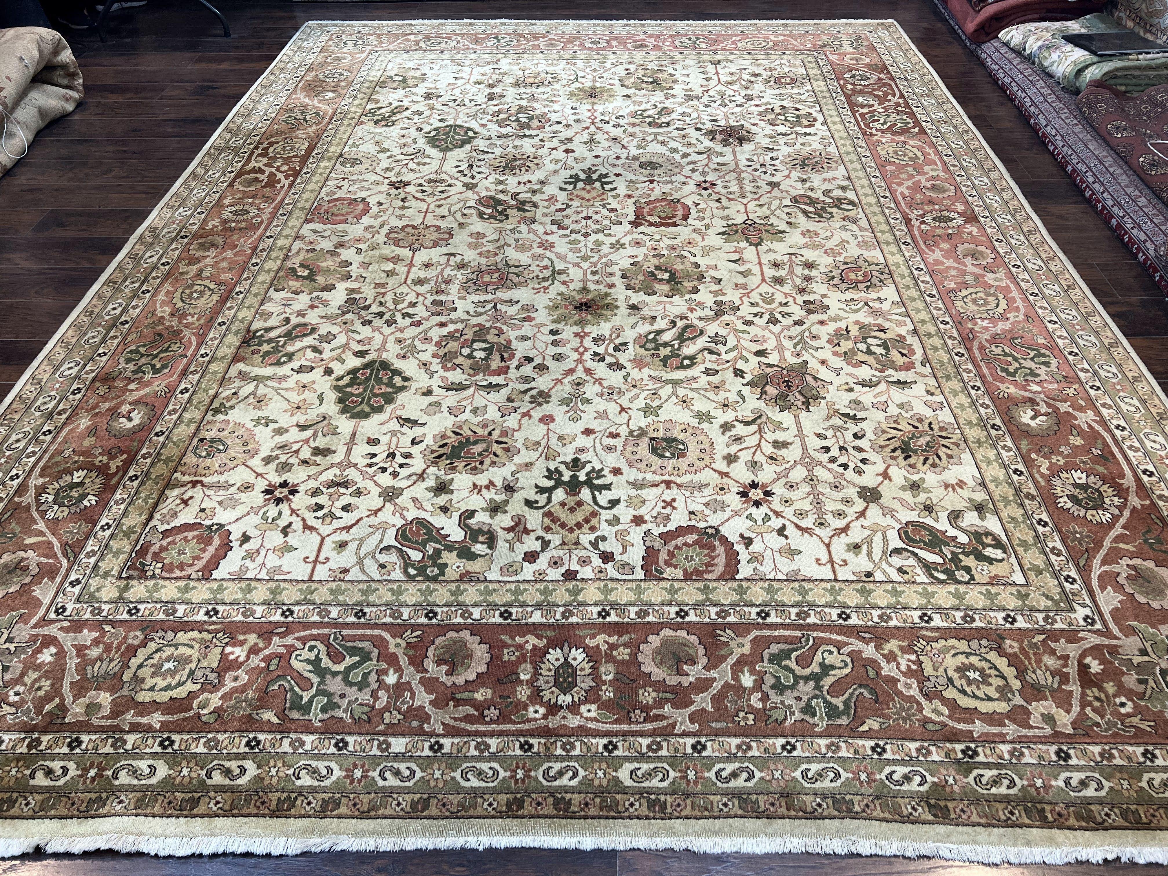 Large Indian Rug 10x14, Hand Knotted Indo Persian Gandehar Oriental Carpet, Vintage Wool Rug 10 x 14 ft Cream Red Floral Allover Traditional - Jewel Rugs