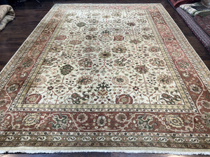 Large Indian Rug 10x14, Hand Knotted Indo Persian Gandehar Oriental Carpet, Vintage Wool Rug 10 x 14 ft Cream Red Floral Allover Traditional