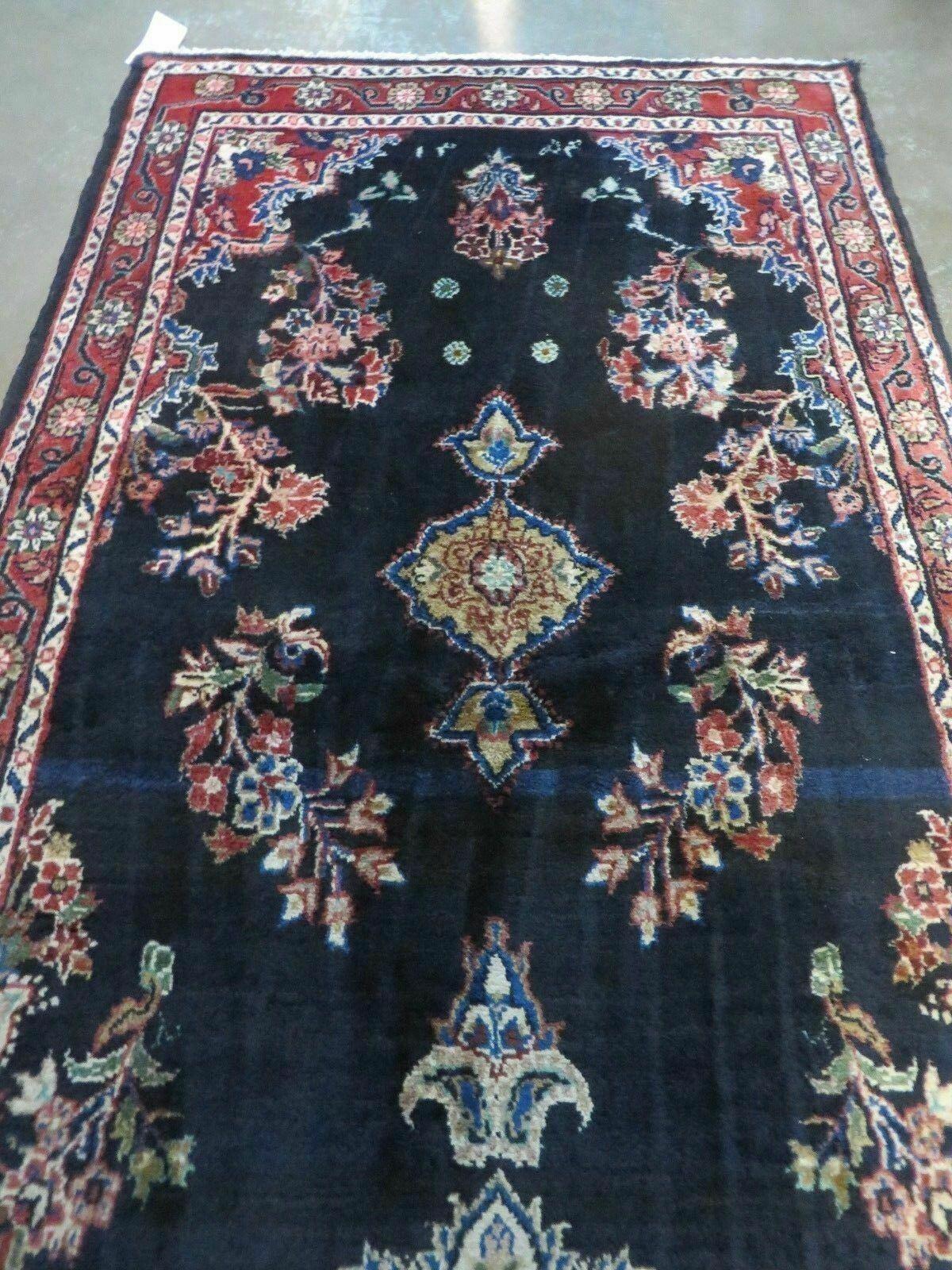 Persian Runner Rug 3.7 x 10.9, Antique Persian Hamadan Wool Handmade Oriental Tribal Hallway Runner, Navy Blue Red Cream, Floral Semi Open Field Medallion - Jewel Rugs