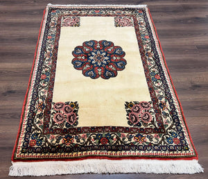 Persian Bidjar Rug 3x5, Open Field Medallion, Hand Knotted, Ivory/Cream Red Blue, Wool Oriental Bijar Carpet, 3 x 5 Vintage Area Rug, Floral Roses, Fine - Jewel Rugs