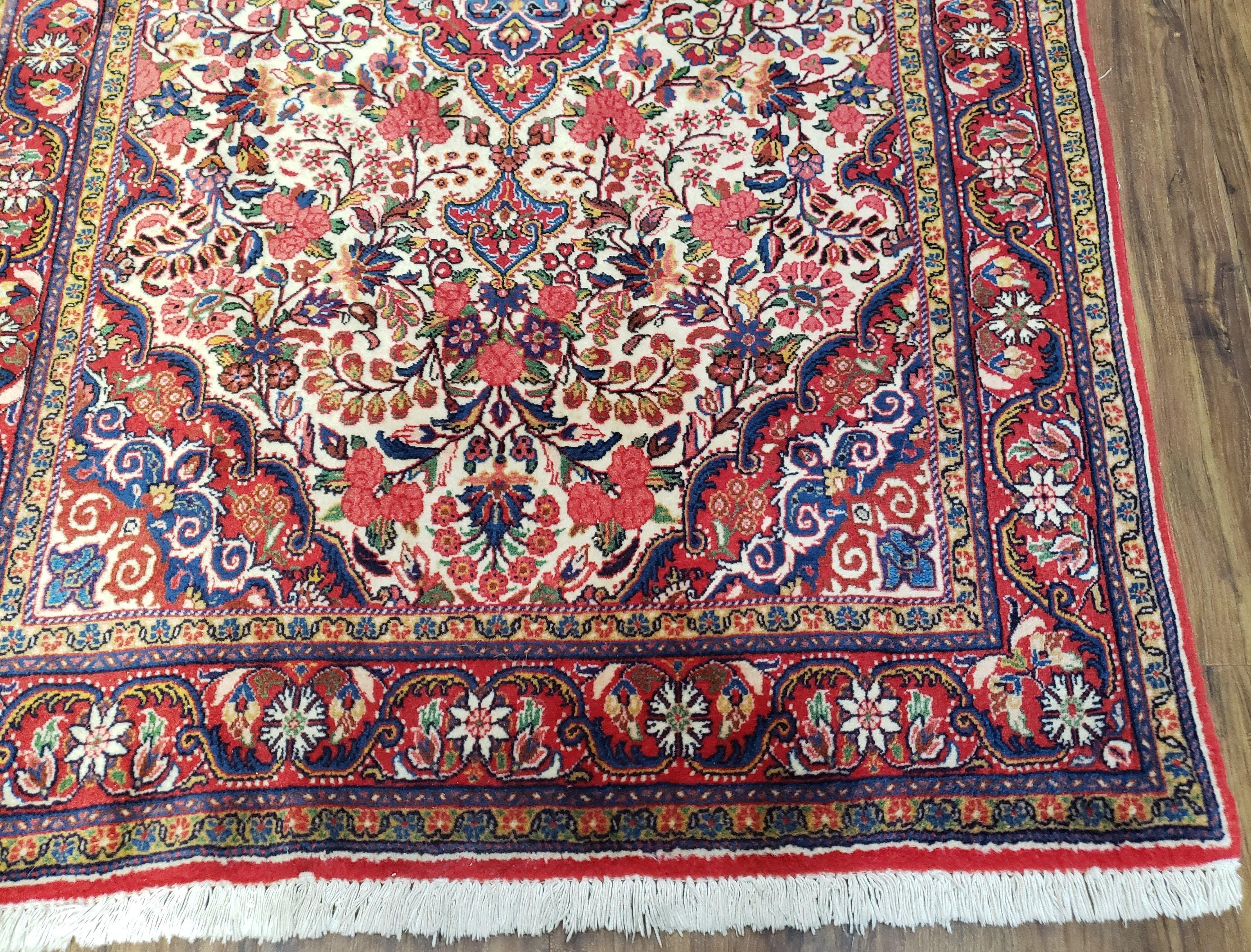 Semi Antique Persian Bidjar Rug, Ivory Red & Blue, Floral, Hand-Knotted, Wool, 3'4" x 5'3" - Jewel Rugs