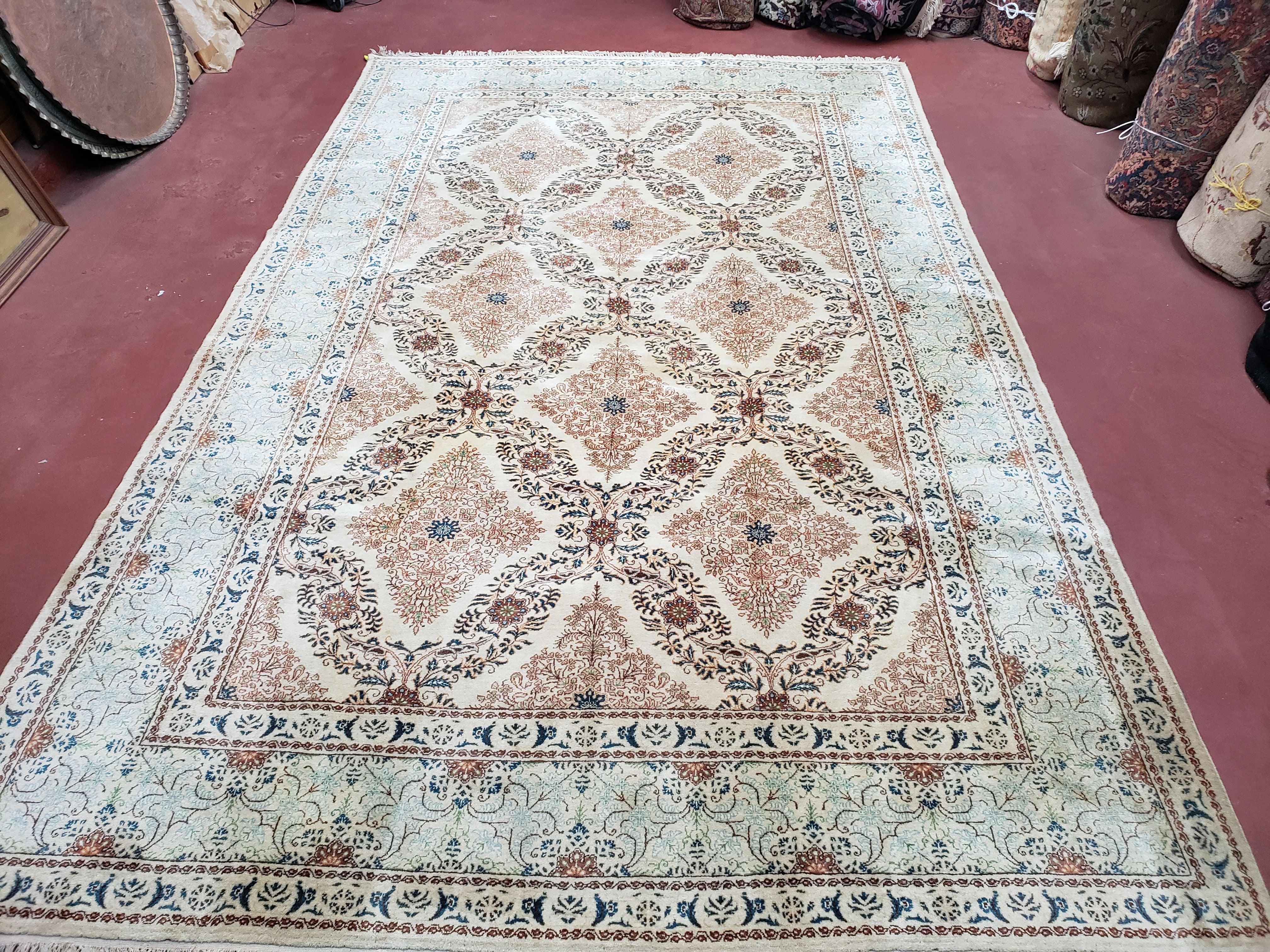 Fine Antique Persian Light Colored Kashan Carpet, 7x12, Top Quality, Rare, Ivory & Blues, Hand-Knotted, Wool - Jewel Rugs