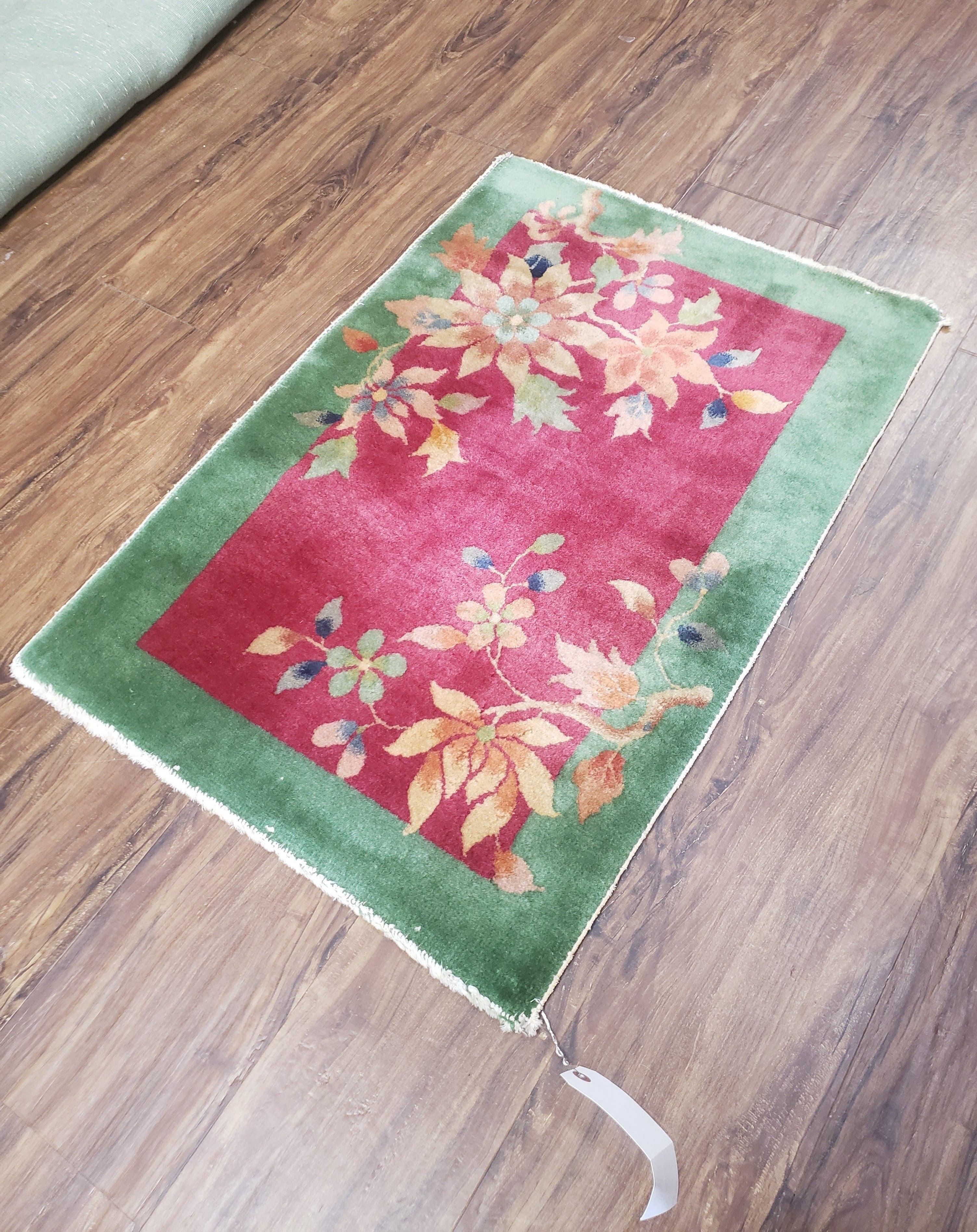 Small Nichols Rug 2x3, Chinese Nichols Rug, Antique Nichols Rug, Chinese Art Deco Accent Rug, Pinkish Red and Green, Flowers, Rare, Asian - Jewel Rugs