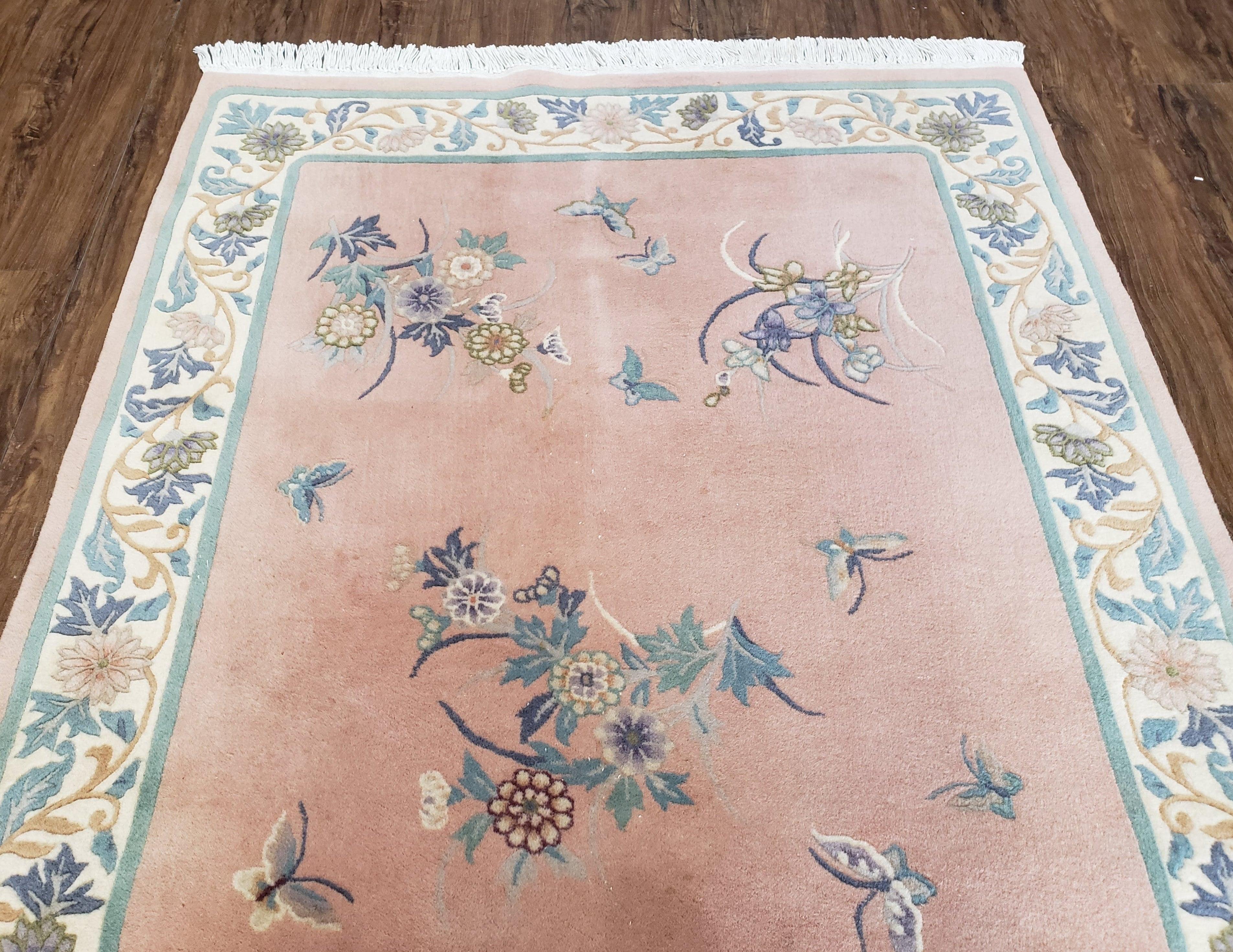 Chinese Carving Rug 3'9" x 5' 9", Vintage Handmade Art Deco Rug 90 Line Carpet, 4x6, Pink Cream Teal, Flowers Butterflies, Pretty, Soft Pile - Jewel Rugs