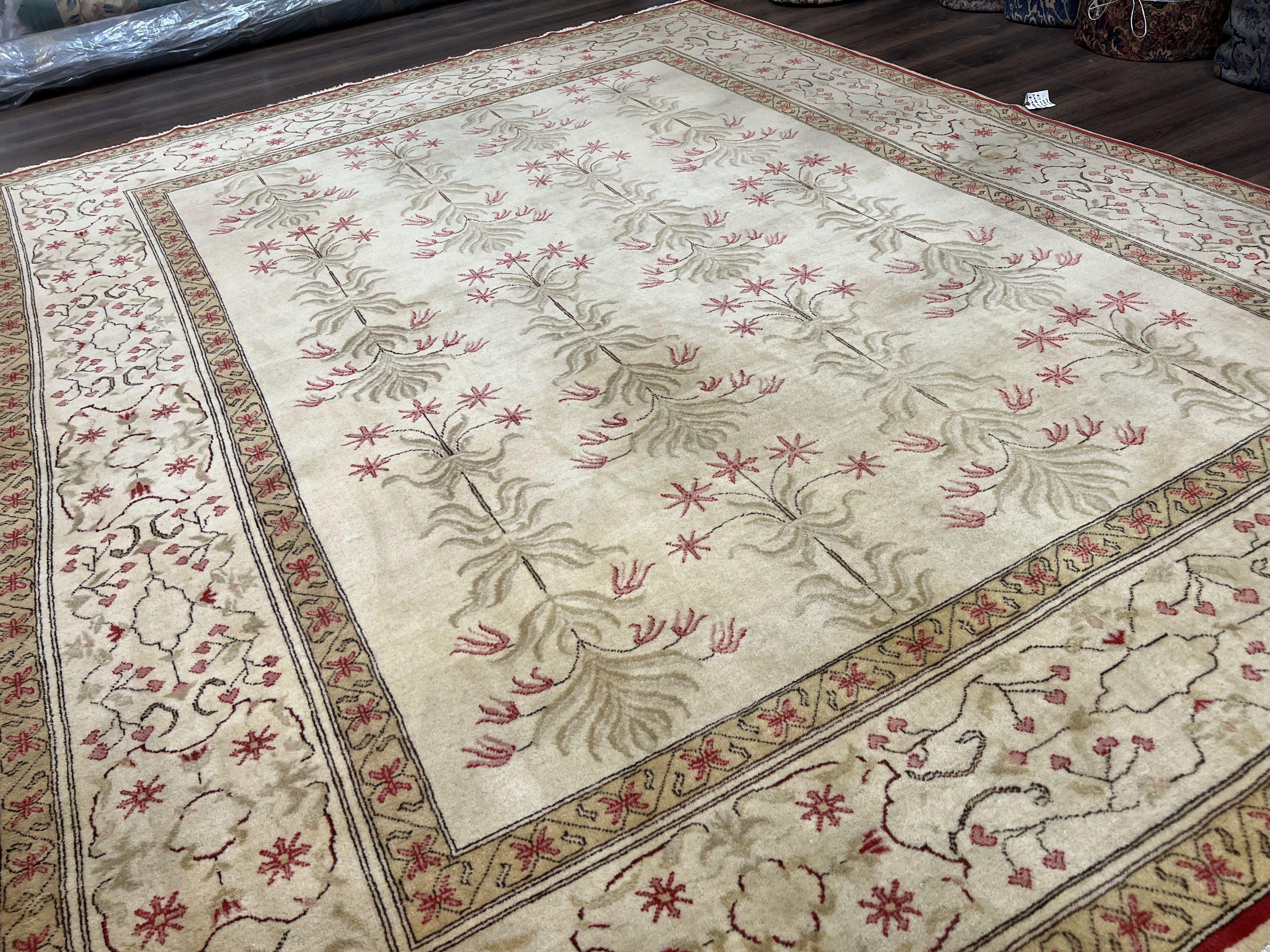 Vintage Turkish Rug 9x12, Indian Agra Design, 9 x 12 Wool Area Rug, Beige Tan, Hand-Knotted, Living Room Rug, Floral Oriental Carpet, Nice - Jewel Rugs