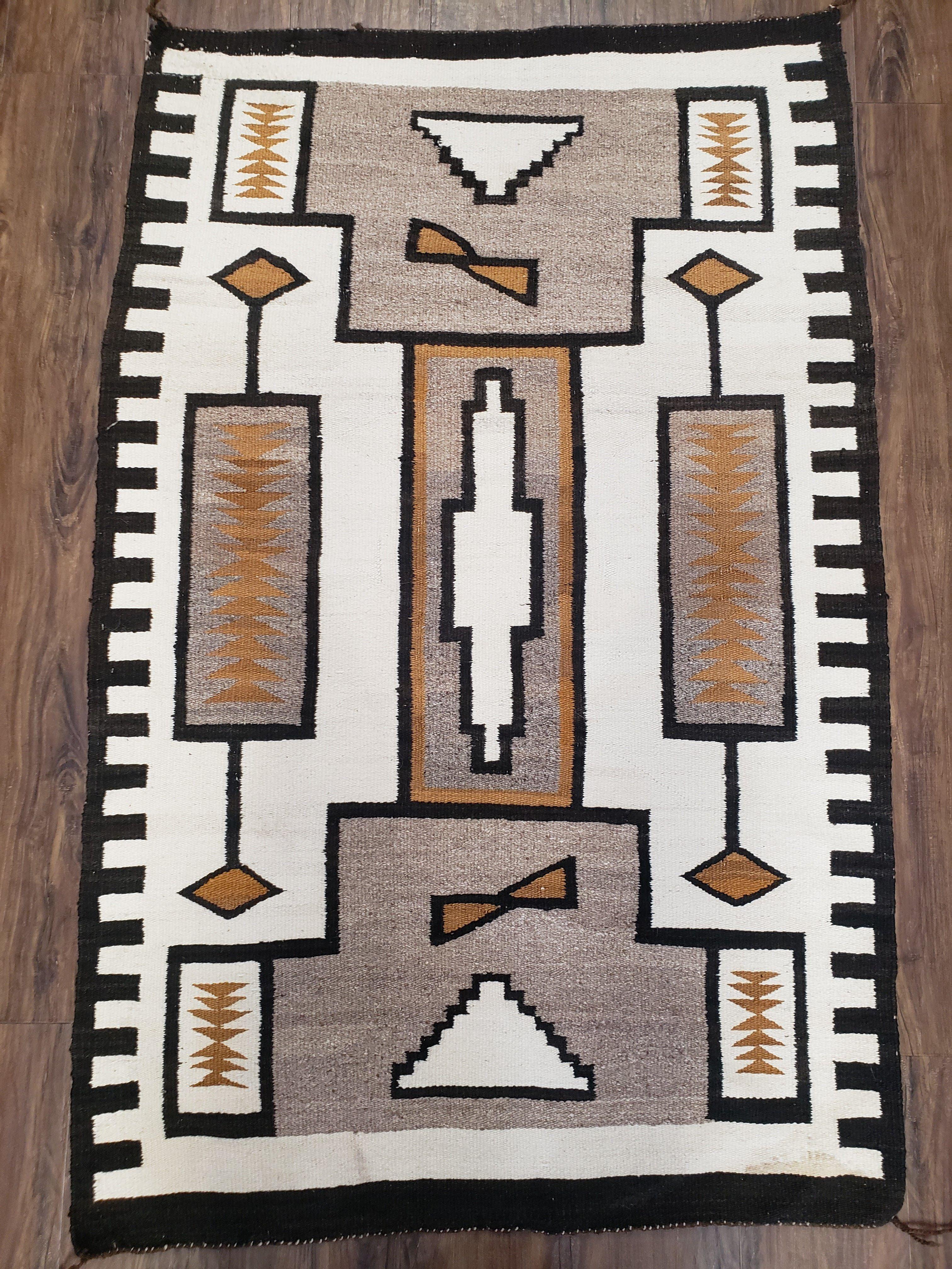 Antique Navajo Rug 3x5, Collectible Native American Blanket, Wool Hand Woven, Ivory Black Indian Tribal Rug, Vintage Navajo Textile - Jewel Rugs