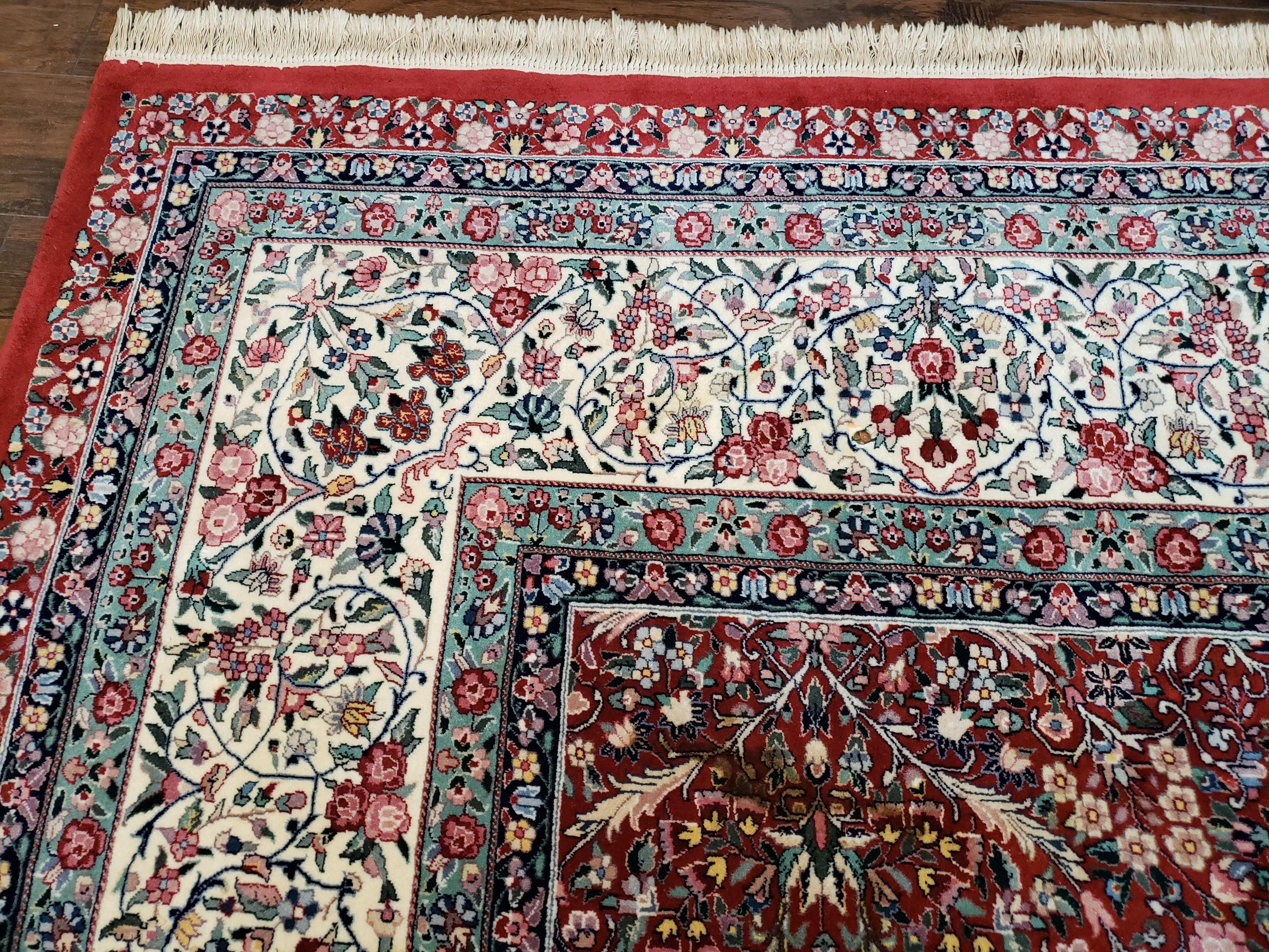 Oversized Pak Persian Rug 11x15, Large Wool Palace Carpet, Red and Ivory, Millefleur Allover Floral Pattern, Vintage Handmade Oriental Rug - Jewel Rugs