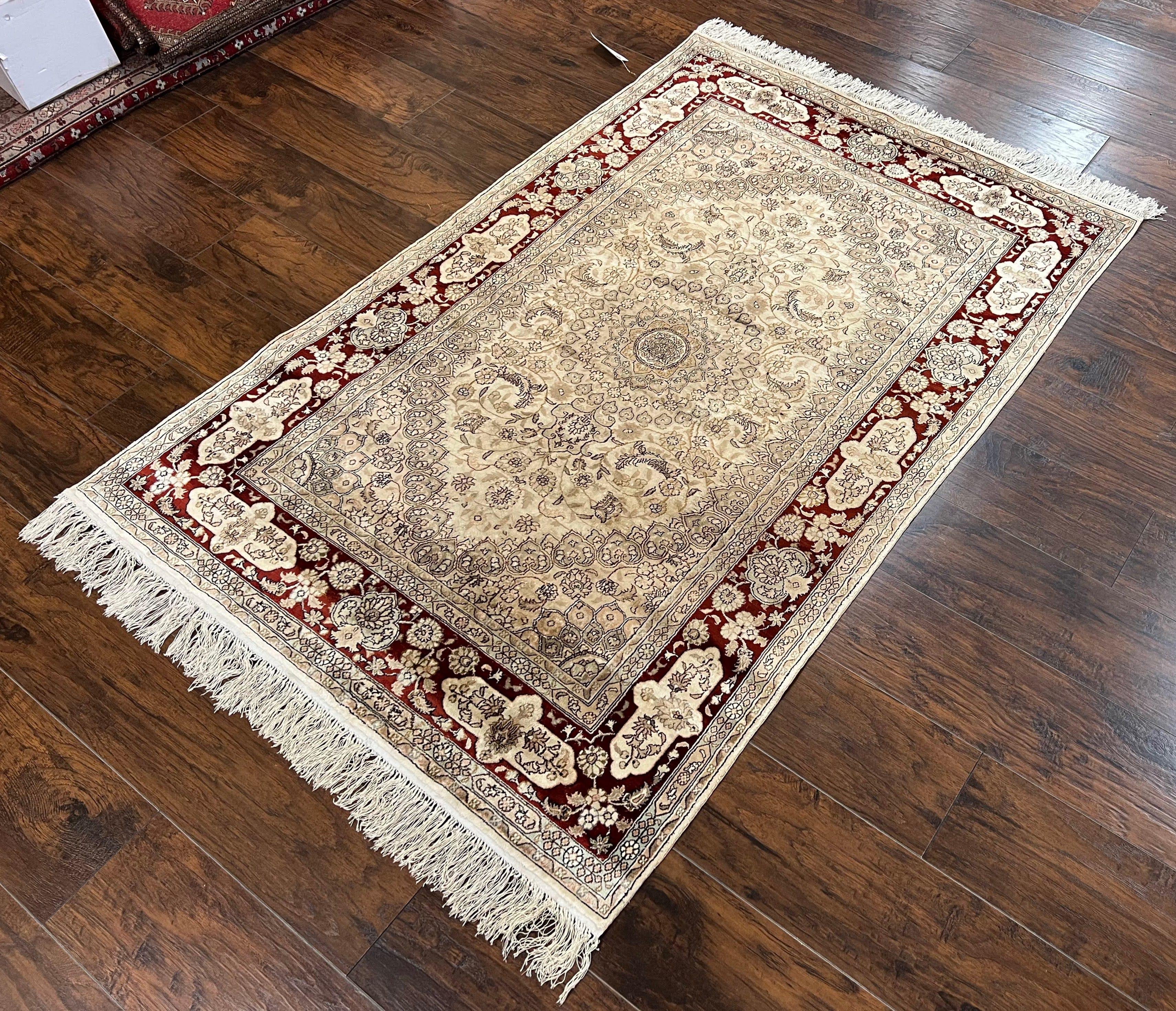 Silk Indian Kashmiri Rug 4x6 ft, Floral Medallion Hand Knotted Handmade Oriental Carpet, Vintage, Cream Burgundy, Very Fine Silk Rug 4 x 6 - Jewel Rugs