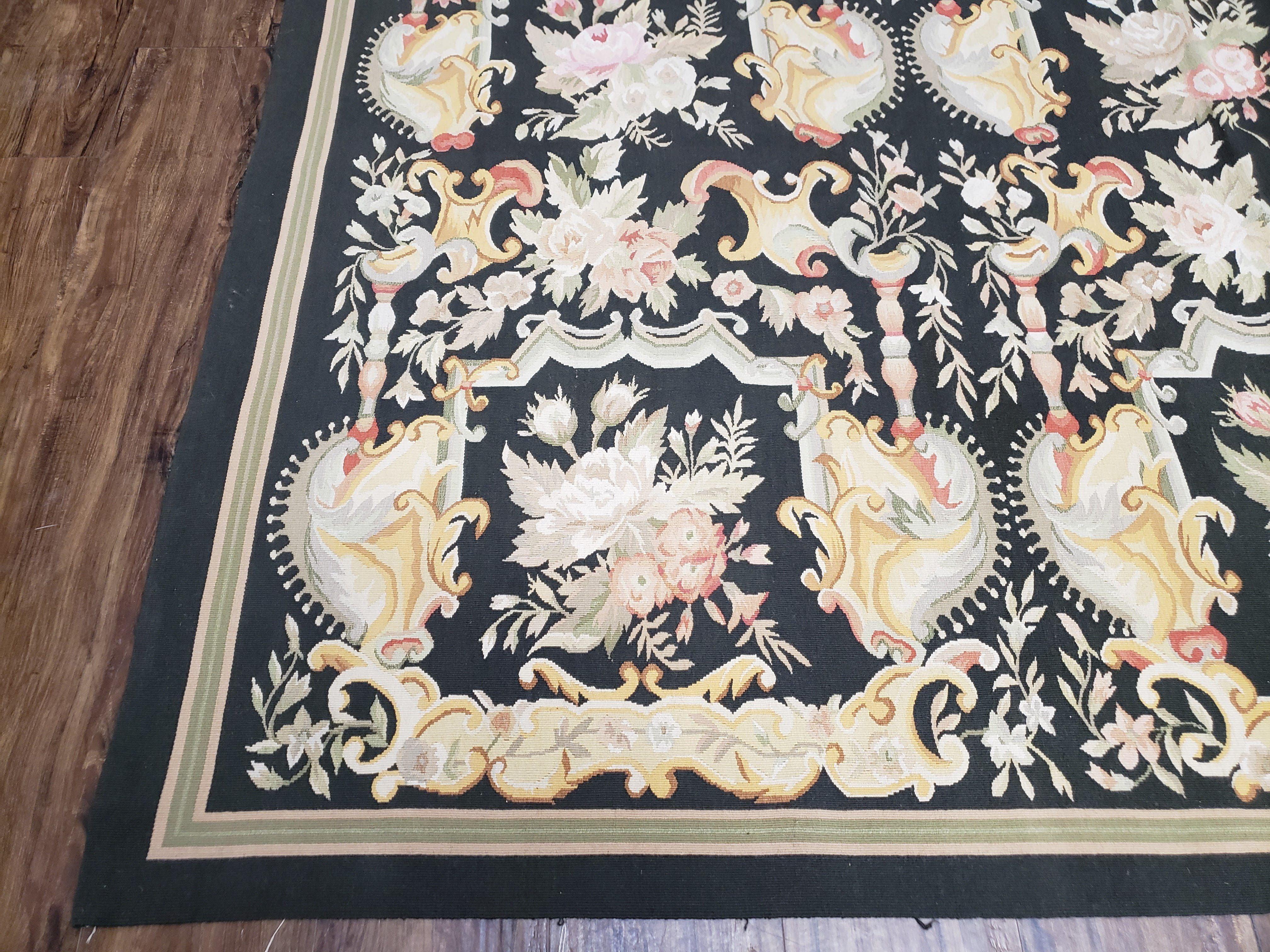 Vintage Black Aubusson Area Rug 8x10, Large Flowers Chinese Aubusson Carpet 7.9 x 10, Wool Hand-Knotted Floral Pattern Flat Weave Rug Nice - Jewel Rugs