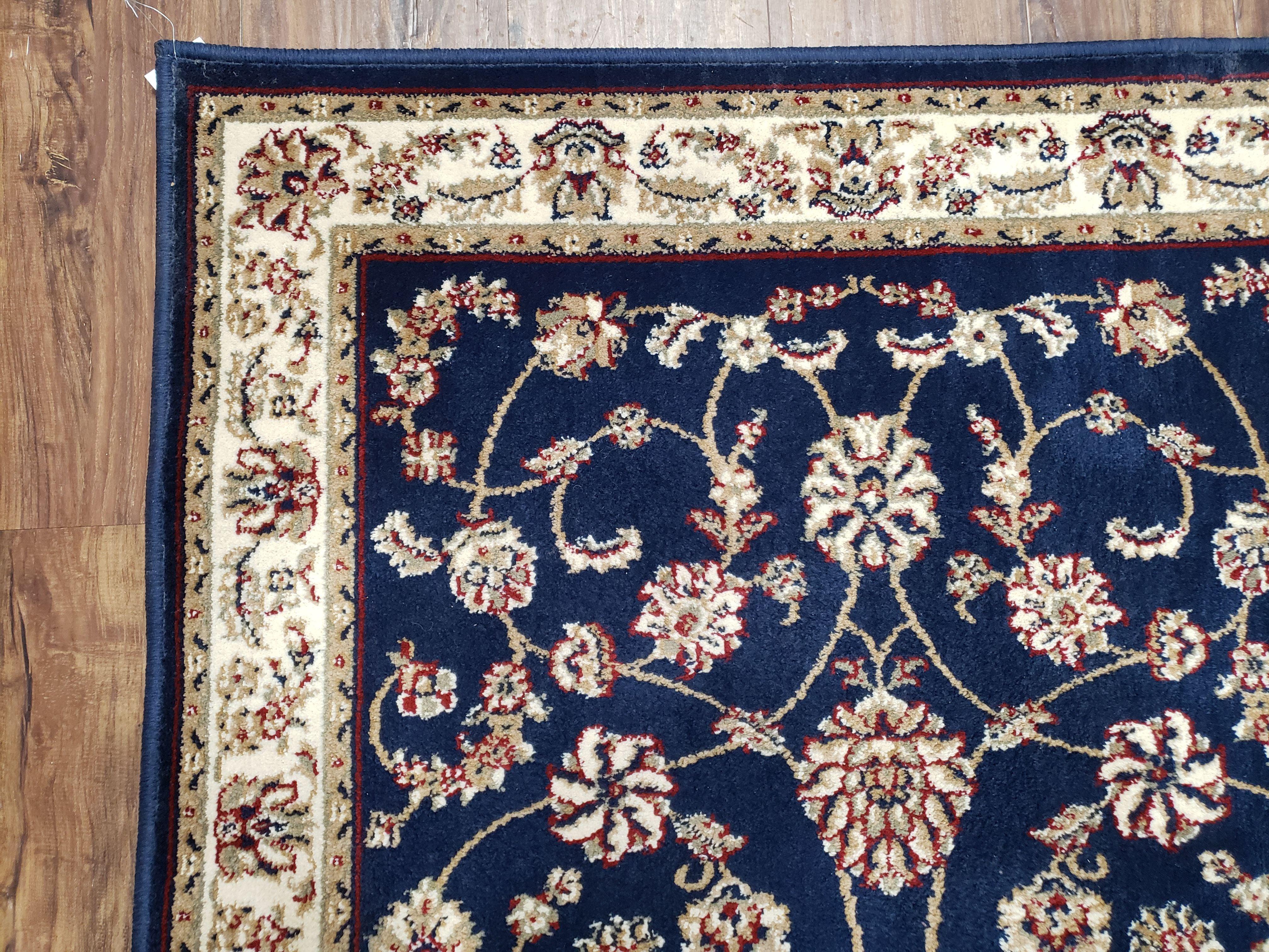 Vintage Area Rug 3x5, Wool & Silk Feel, Italian Rug, Persian Design, Soft Pile, Dark Blue Beige/Cream, 3.3 x 5, Part of Set - Jewel Rugs