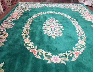 Green Chinese Aubusson Rug, Floral Design, Pile Rug, Room Sized Rug 9x12, Dining Room Living Room Bedroom Rug, European Design, Hand Tufted - Jewel Rugs