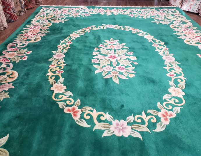 Green Chinese Aubusson Rug, Floral Design, Pile Rug, Room Sized Rug 9x12, Dining Room Living Room Bedroom Rug, European Design, Hand Tufted - Jewel Rugs