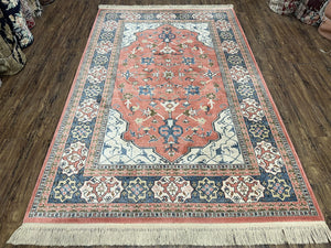 Karastan Rug 5.9 x 9 Bergama Design #737, Wool Karastan Area Rug, Vintage Carpet 6x9, Original Collection 700 Series, Salmon Red Light Blue - Jewel Rugs