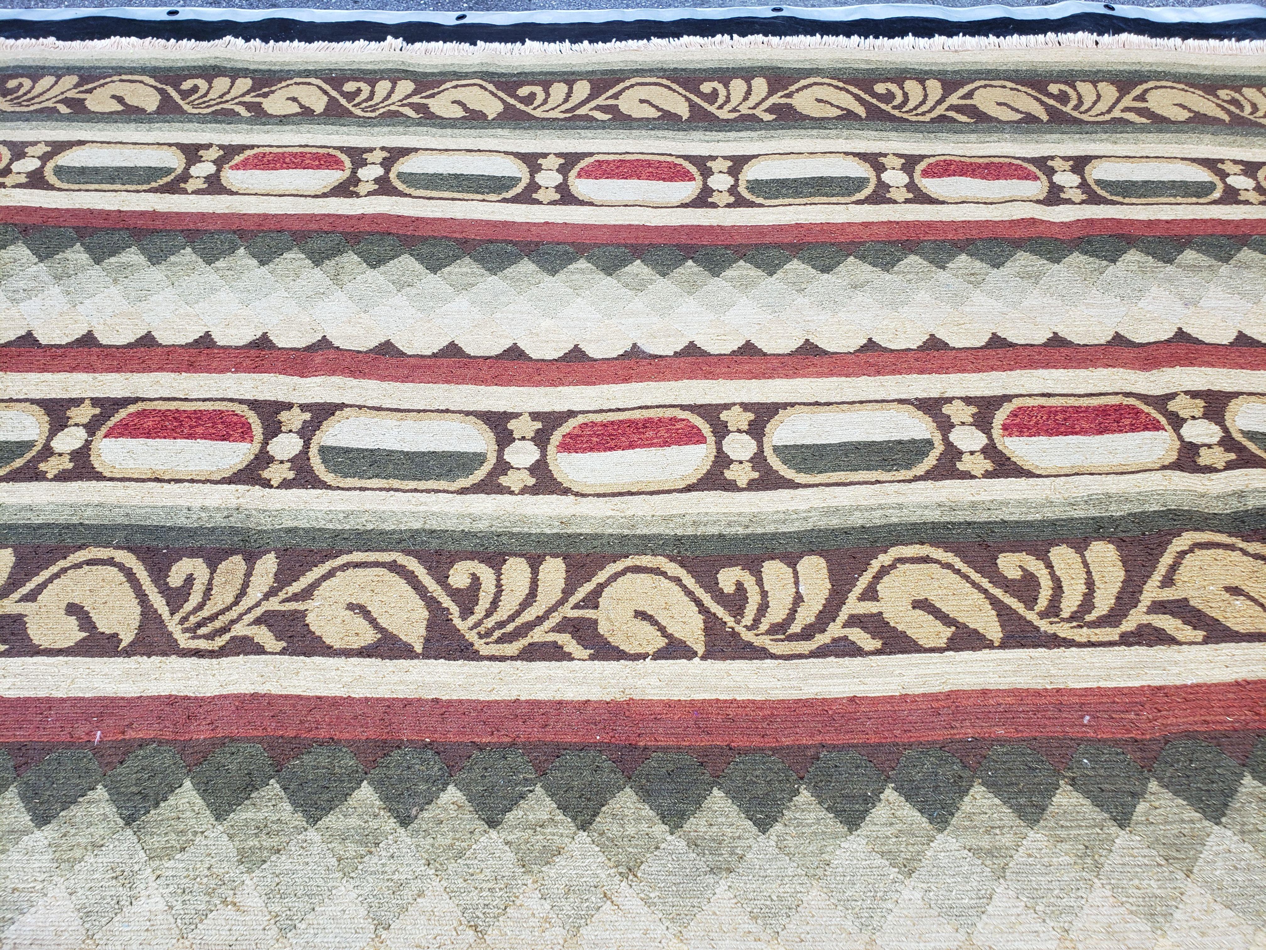 Large Vintage Striped Rug, Handmade, Earth Tone Decor, Beiges Slate Gray Dark Red, Flatweave Indian Striped Carpet, Indian Kilim 10x14, Wool - Jewel Rugs