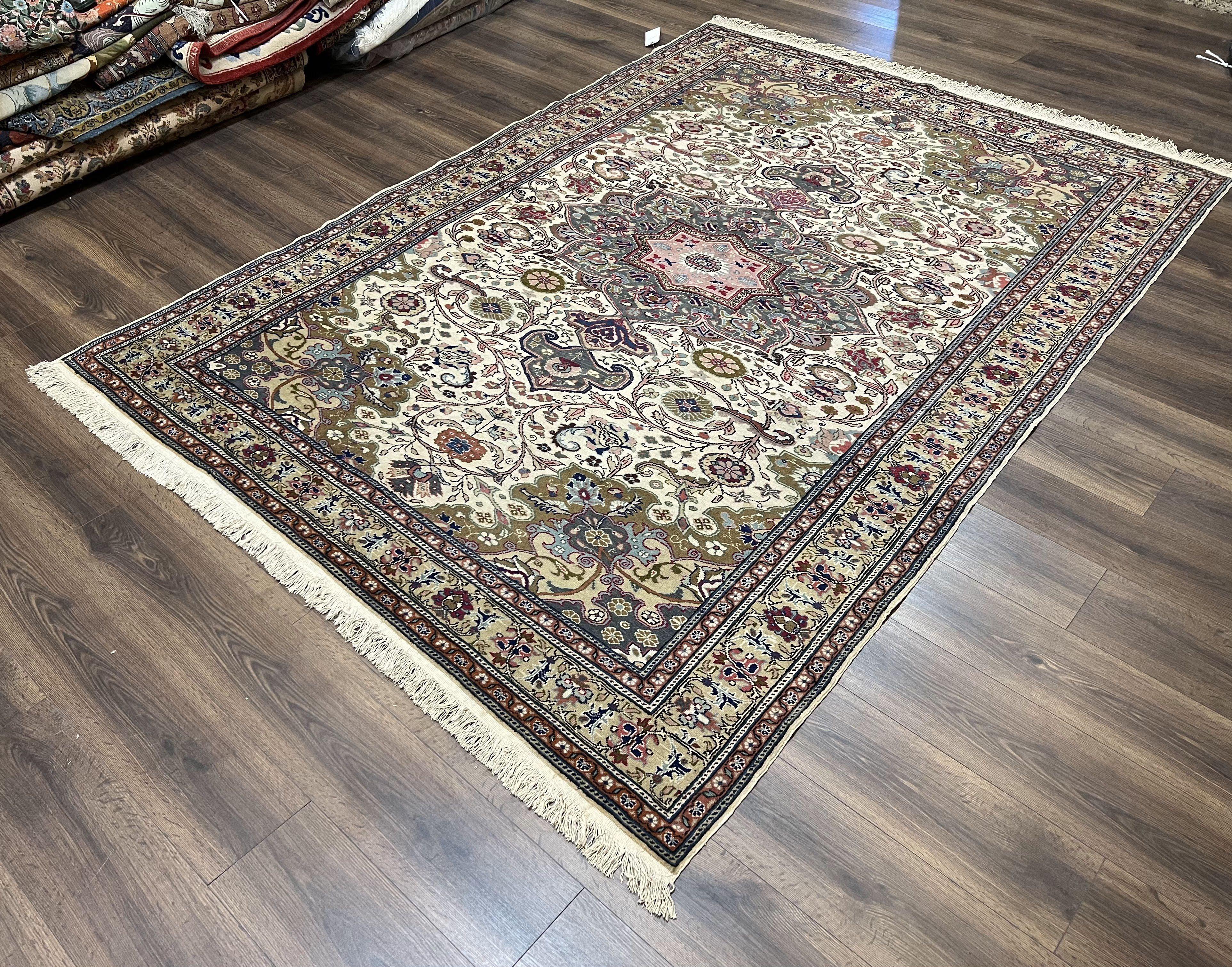 Turkish Sivas Rug 7x9, Vintage Wool Hand-Knotted Carpet, Ivory Cream Purple Tan, Floral Medallion Rug, Fine Oriental Carpet, Medium Size Rug - Jewel Rugs