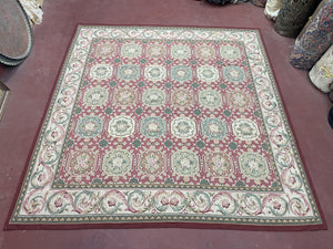9x9 Square Rug Hand Knotted, Needlepoint Aubusson Carpet, Blush Red, Beige, Green, New, Mint Condition Area Rug, English European Design - Jewel Rugs