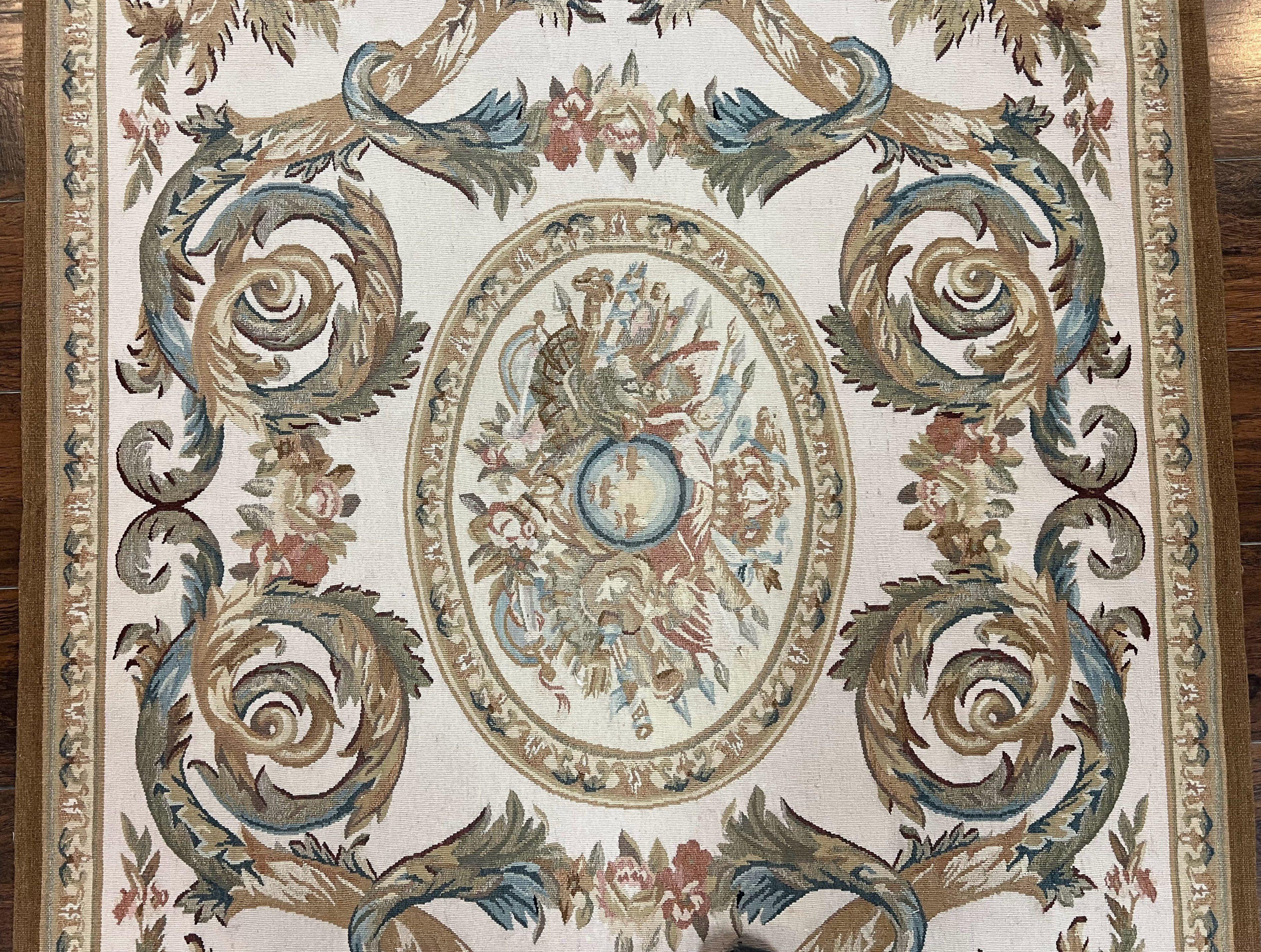 Aubusson Rug 4x6, French European Design, Flatweave Aubusson Carpet 4 x 6 ft, Wool Savonnerie Elegant Rug, Ivory Cream Tan Floral, Handmade - Jewel Rugs