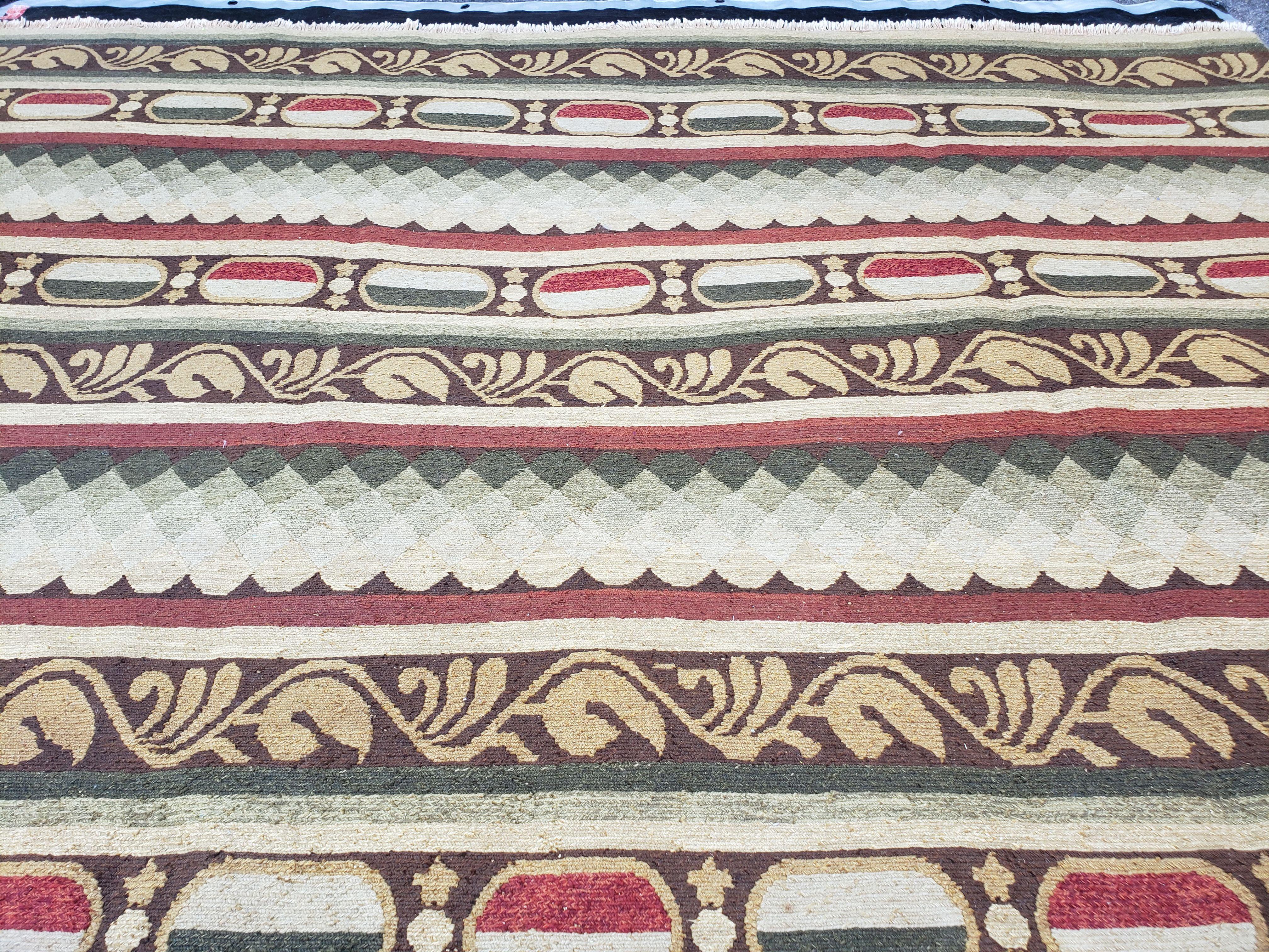 Large Vintage Striped Rug, Handmade, Earth Tone Decor, Beiges Slate Gray Dark Red, Flatweave Indian Striped Carpet, Indian Kilim 10x14, Wool - Jewel Rugs