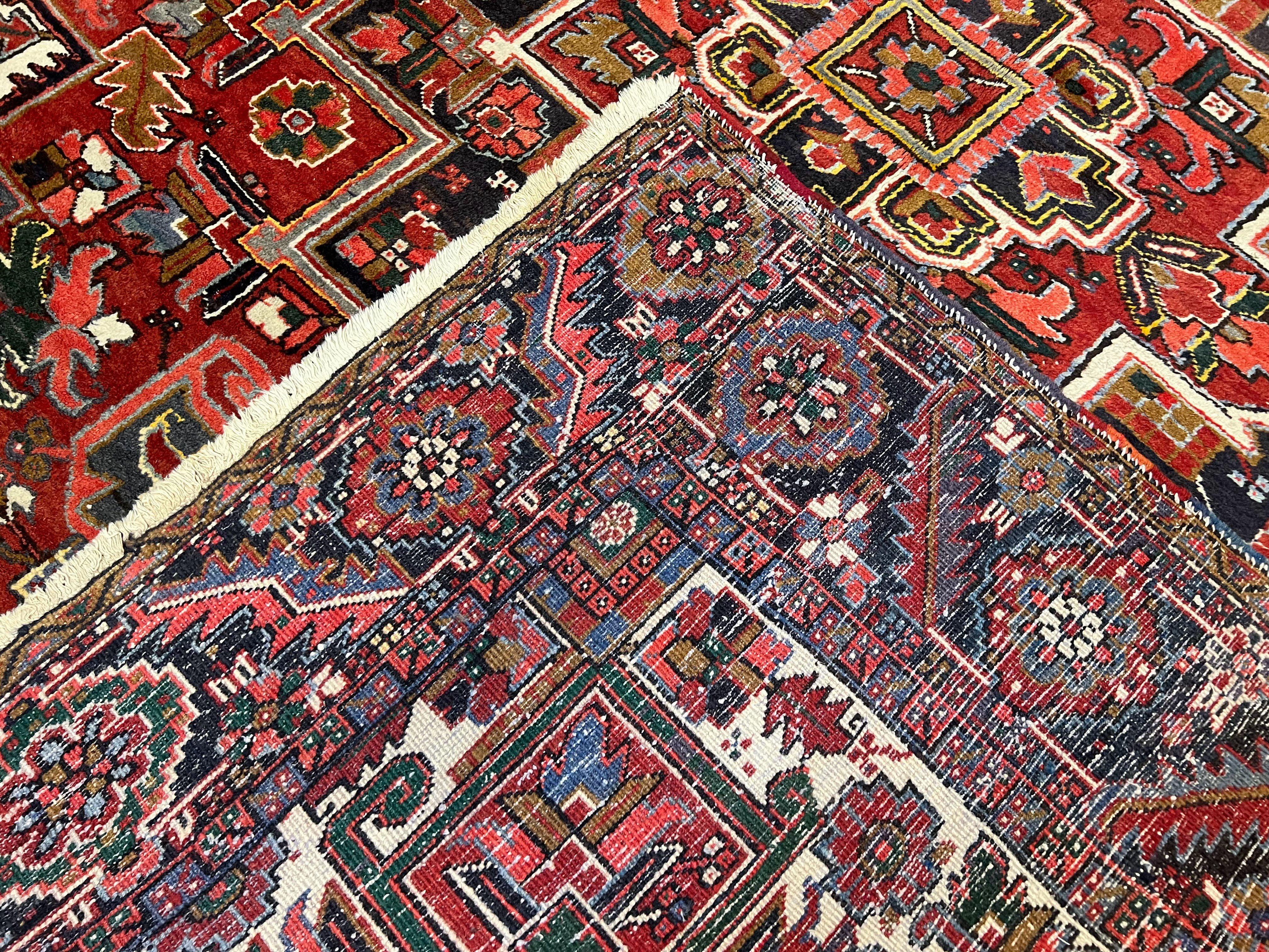 Persian Heriz Rug 8x12, Vintage Geometric Medallion Carpet, Semi Antique Wool Handmade Room Sized Oriental Rug 8 x 12, Red Dark Blue Ivory - Jewel Rugs