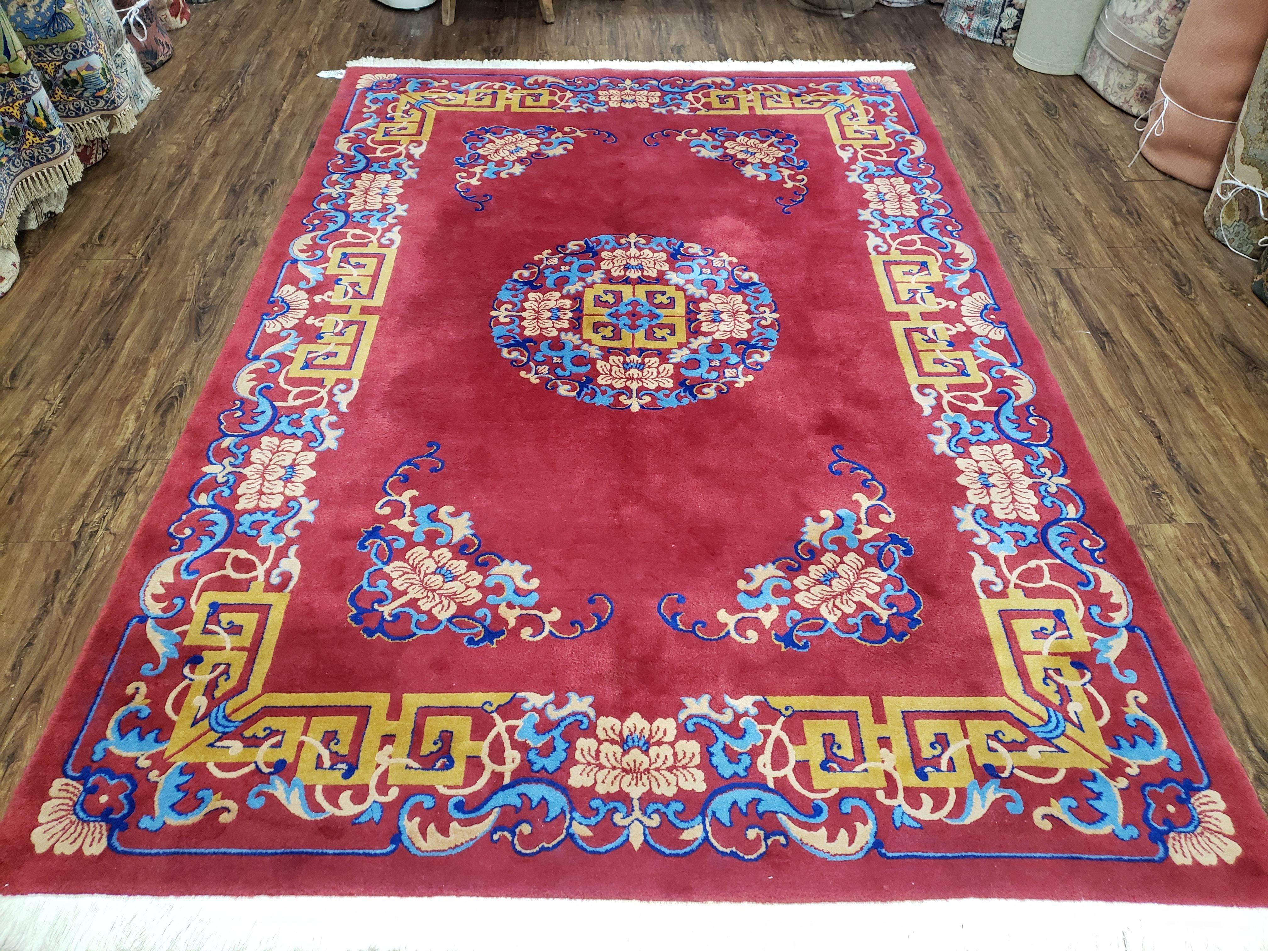 Vintage Art Deco Rug 6x9, Vietnamese Area Rug, Hand-Knotted, Wool Hibiscus Red Carpet, 6 x 9 Asian Oriental Handmade Wool Carpet Bold Colors - Jewel Rugs