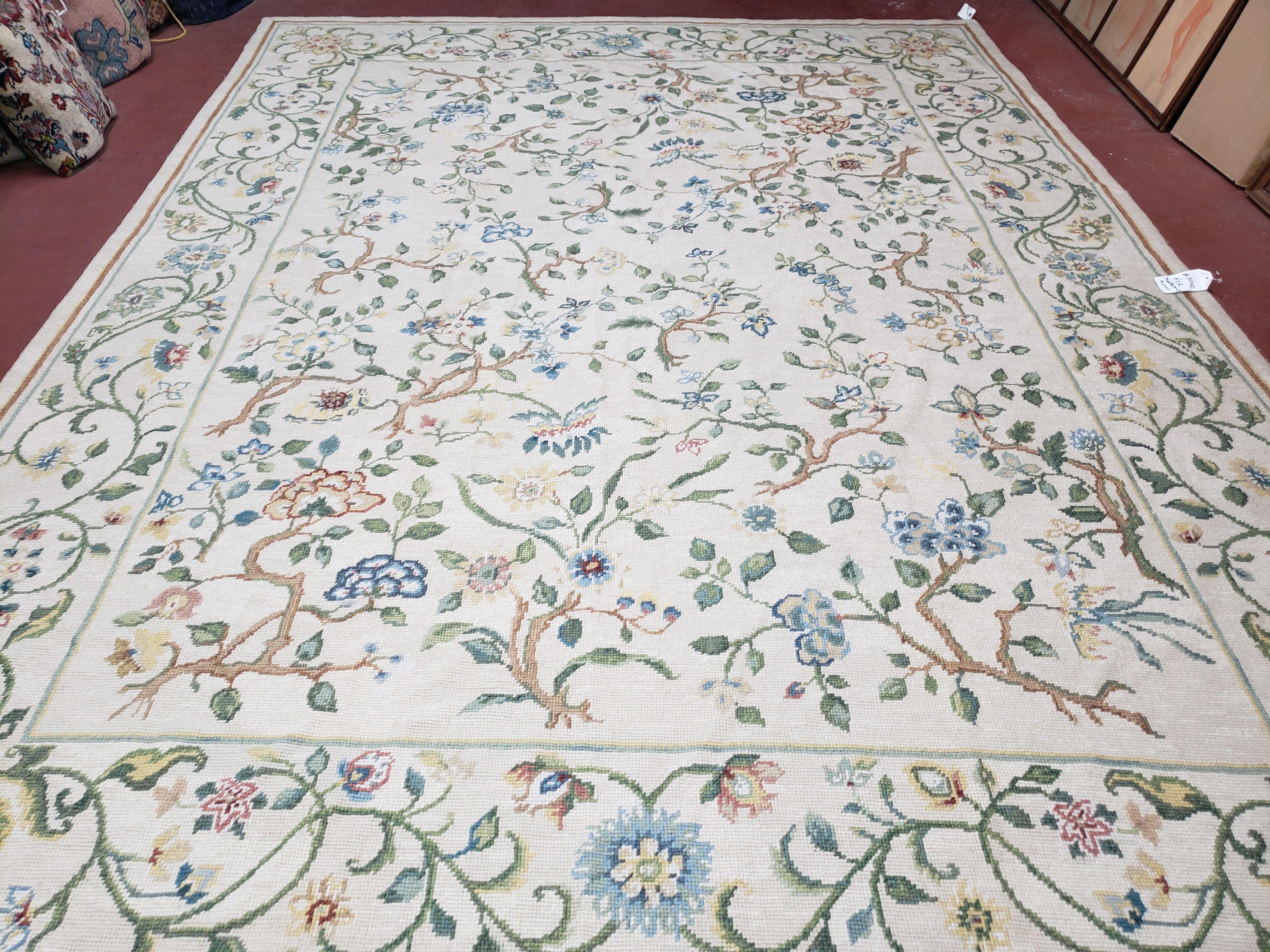 New Needlepoint Floral Carpet 9x12, Handmade Area Rug, Flatweave Carpet, Ivory Background, Blue Flowers, Wool Needlepoint Rug - Jewel Rugs