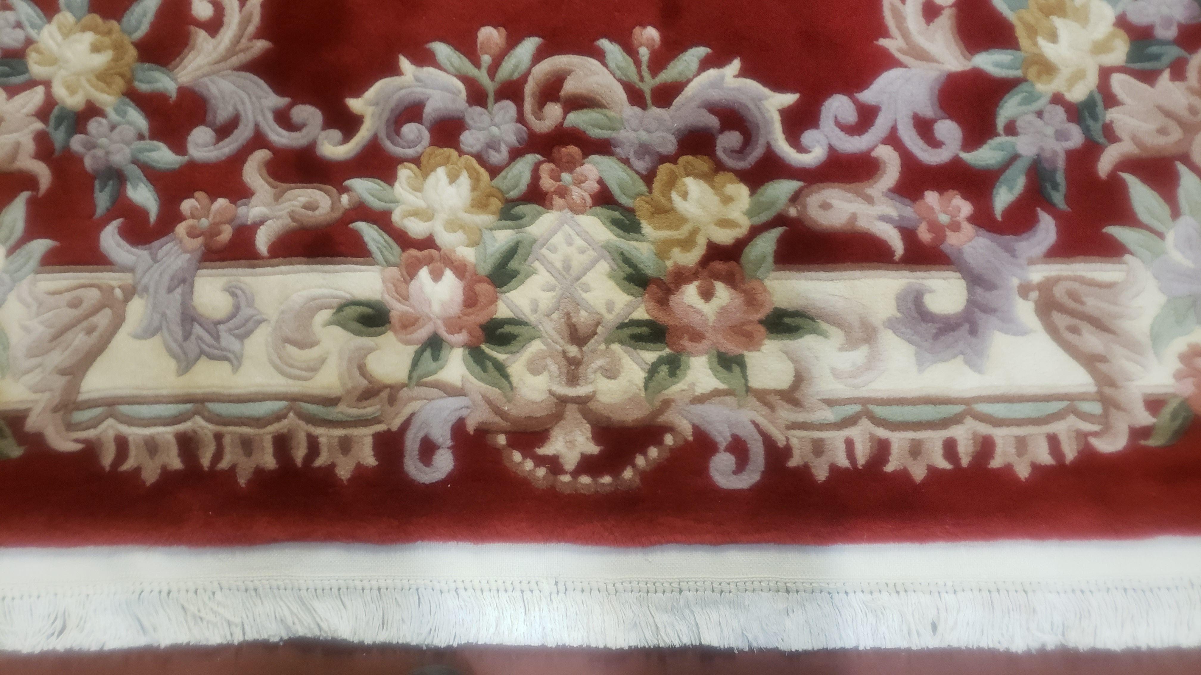 Red & Ivory Chinese Rug 6x9, Vintage Chinese Wool Carpet, Chinese Carving Rug, 90 Line, Aubusson Pattern, Handmade Soft Plush Area Rug - Jewel Rugs