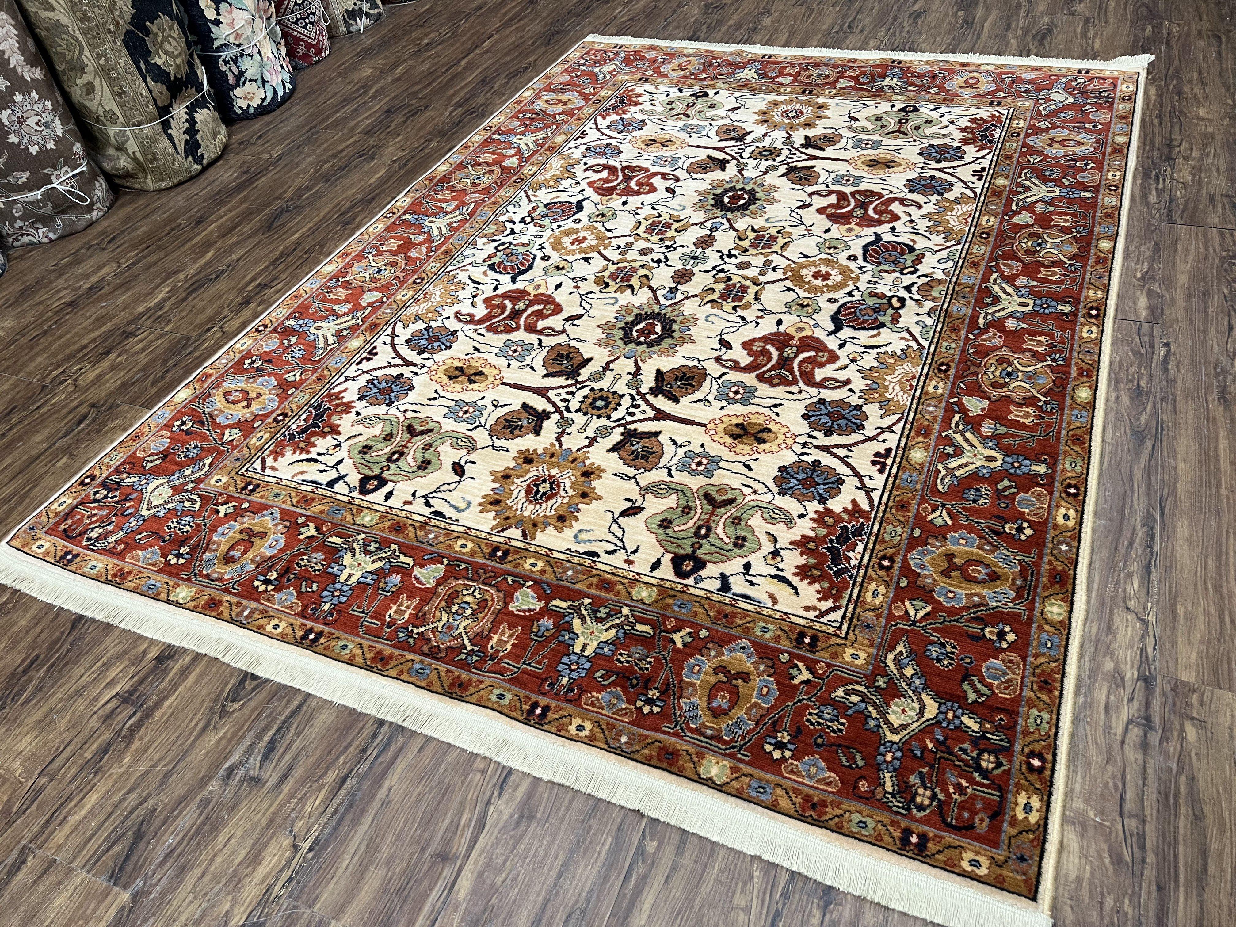 Karastan Rug 5.7 x 7.11 English Manor Stratford Pattern, Wool Karastan Carpet, Oriental Rug, Vintage Rug 6x8, Allover Pattern, Cream Red - Jewel Rugs