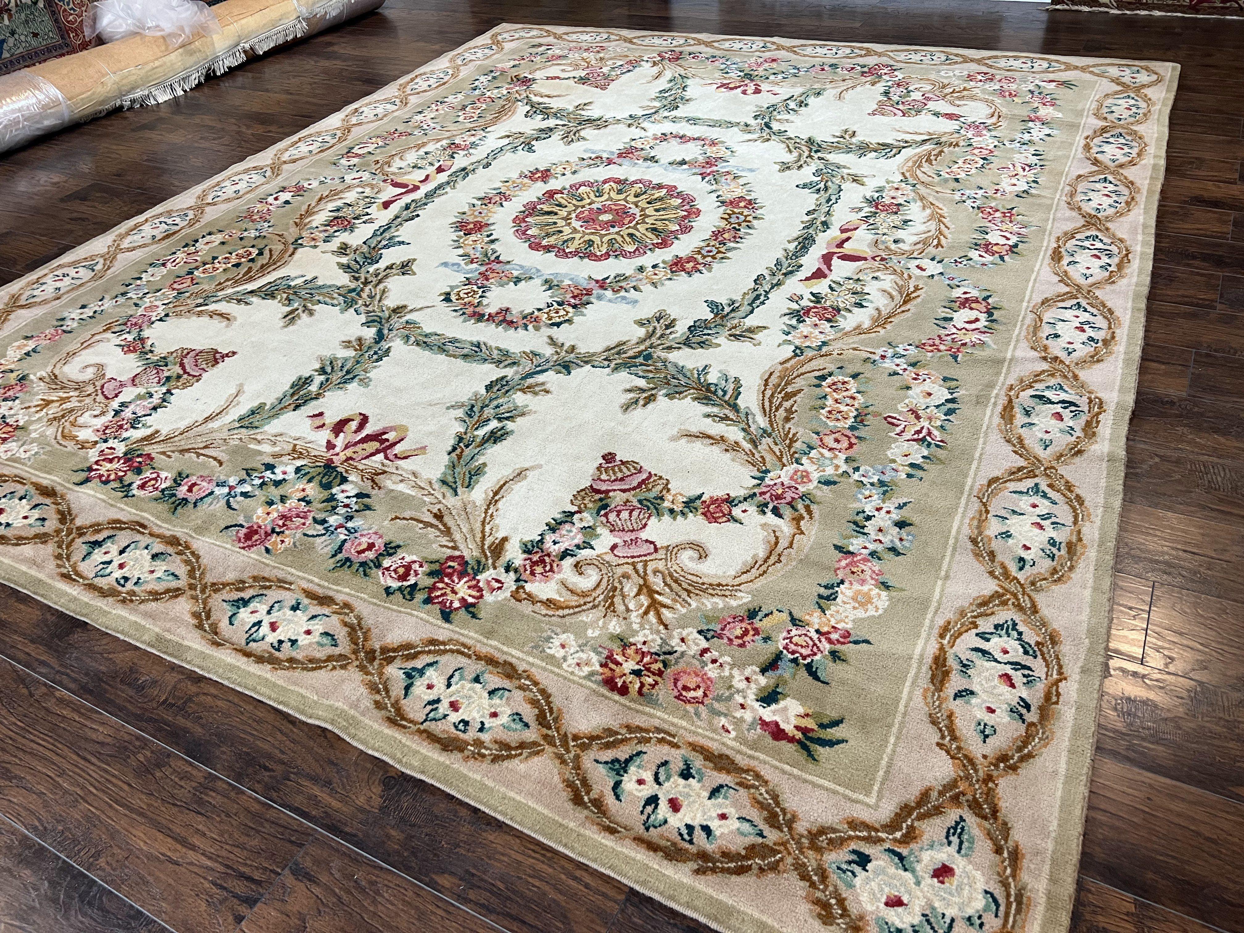 Chinese Aubusson Rug 9.8 x 12, Savonnerie Carpet with Pile, Elegant Living Room Dining Room Rug Hand Knotted Wool Carpet, French European - Jewel Rugs