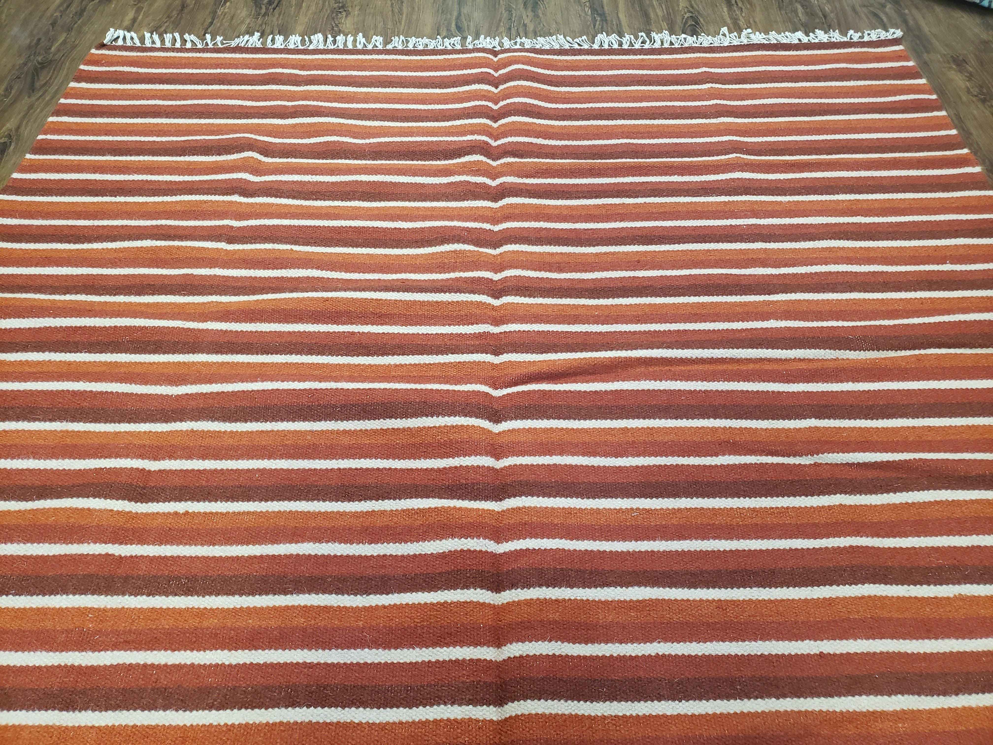 Large Striped Woolen Handmade Throw Blanket, Twin Size Bedding Hand-Woven, Indian Kilim Area Rug, 6x8 - 7x8, South American Style Textile - Jewel Rugs