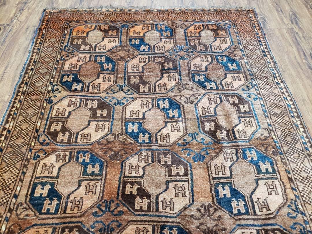Antique Afghan Tribal Area Rug 4' x 7' 8", Afghanistan Bashir Oriental Carpet, Hand-Knotted Brown Vintage Rug, Wool on Wool Corridor Rug - Jewel Rugs