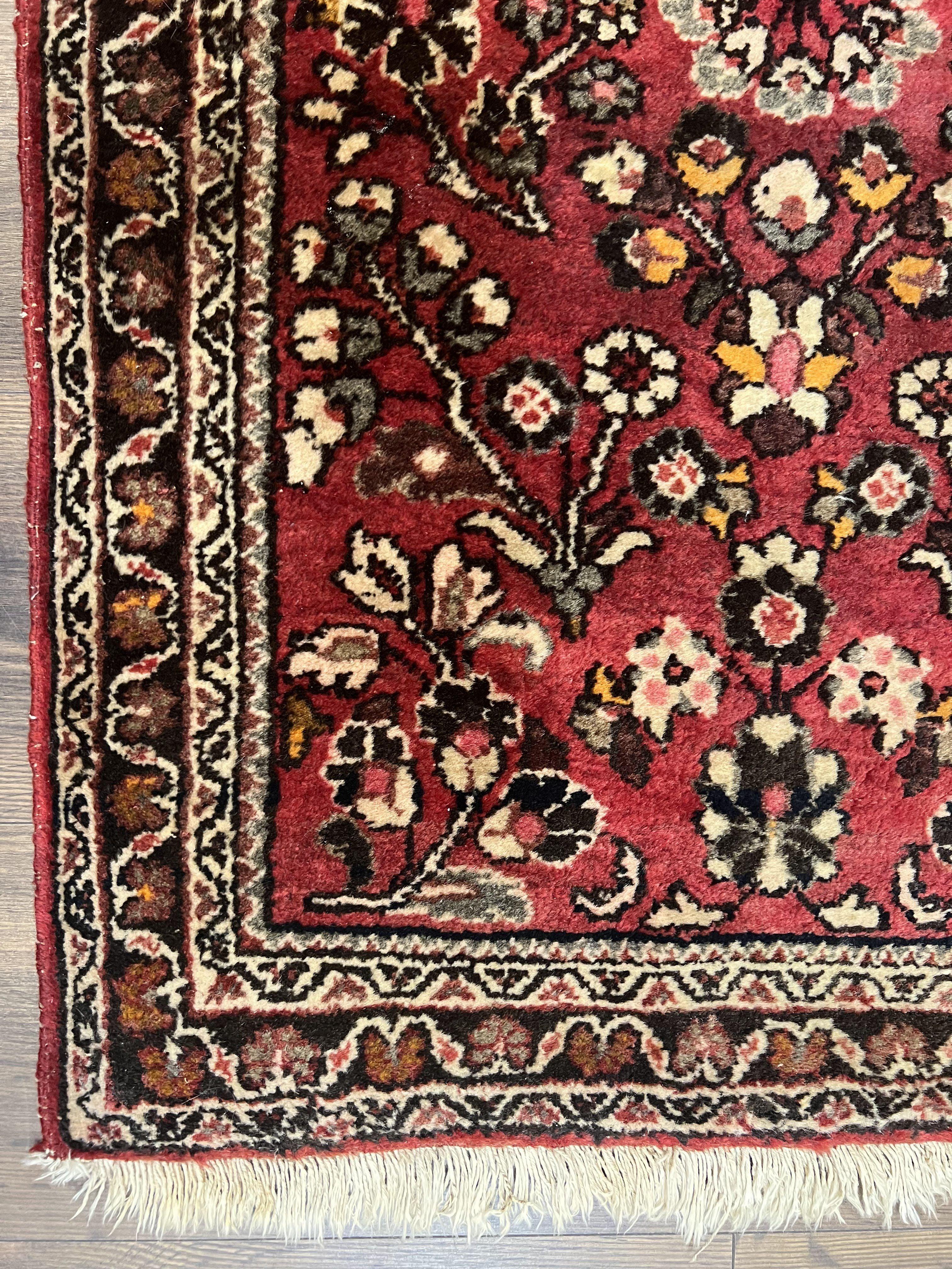 Small Persian Sarouk Rug 2x4 ft, Allover Floral Pattern, Red Black Cream, Hand Knotted Wool Traditional Oriental Carpet, Antique Persian Rug 2 x 4 - Jewel Rugs