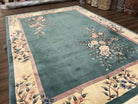 Vintage Chinese Carving Rug 9x12, Chinese 120 Line Rug, Green and Cream, Classic Hand Knotted Asian Carpet, Art Deco Rug, Soft Plush Wool - Jewel Rugs