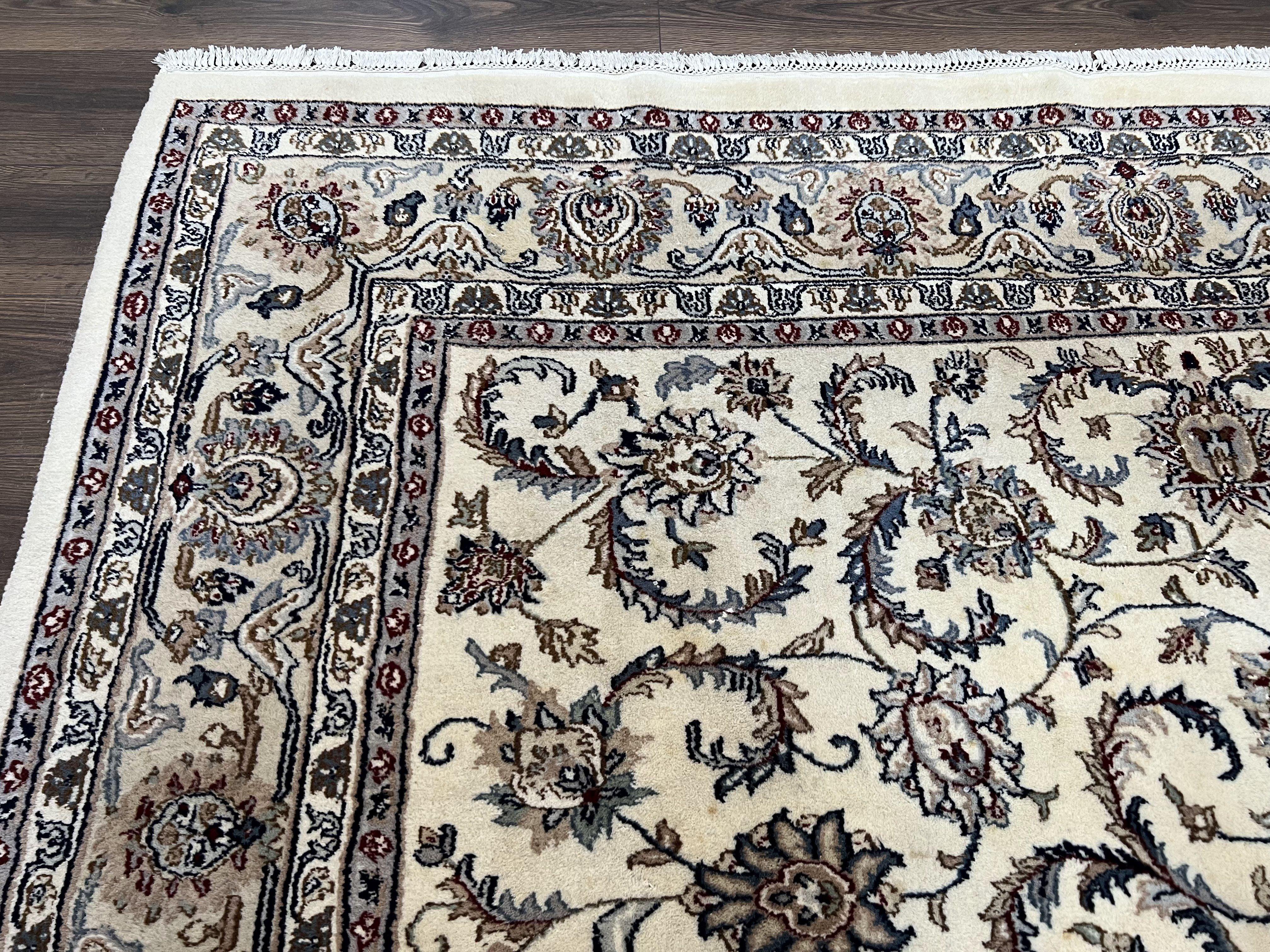 Indo Persian Area Rug 8x10, Wool Rug, Indian Oriental Carpet 8 x 10, Hand-Knotted Vintage Rug, Floral Allover, Ivory Light Gray Taupe Teal - Jewel Rugs