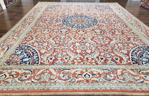 Antique Turkish Rug 10x14 - 11x14, Mahal Large Room Sized Area Rug Wool Hand-Knotted Red Blue Ivory Persian Carpet Oversized Living Room Rug - Jewel Rugs