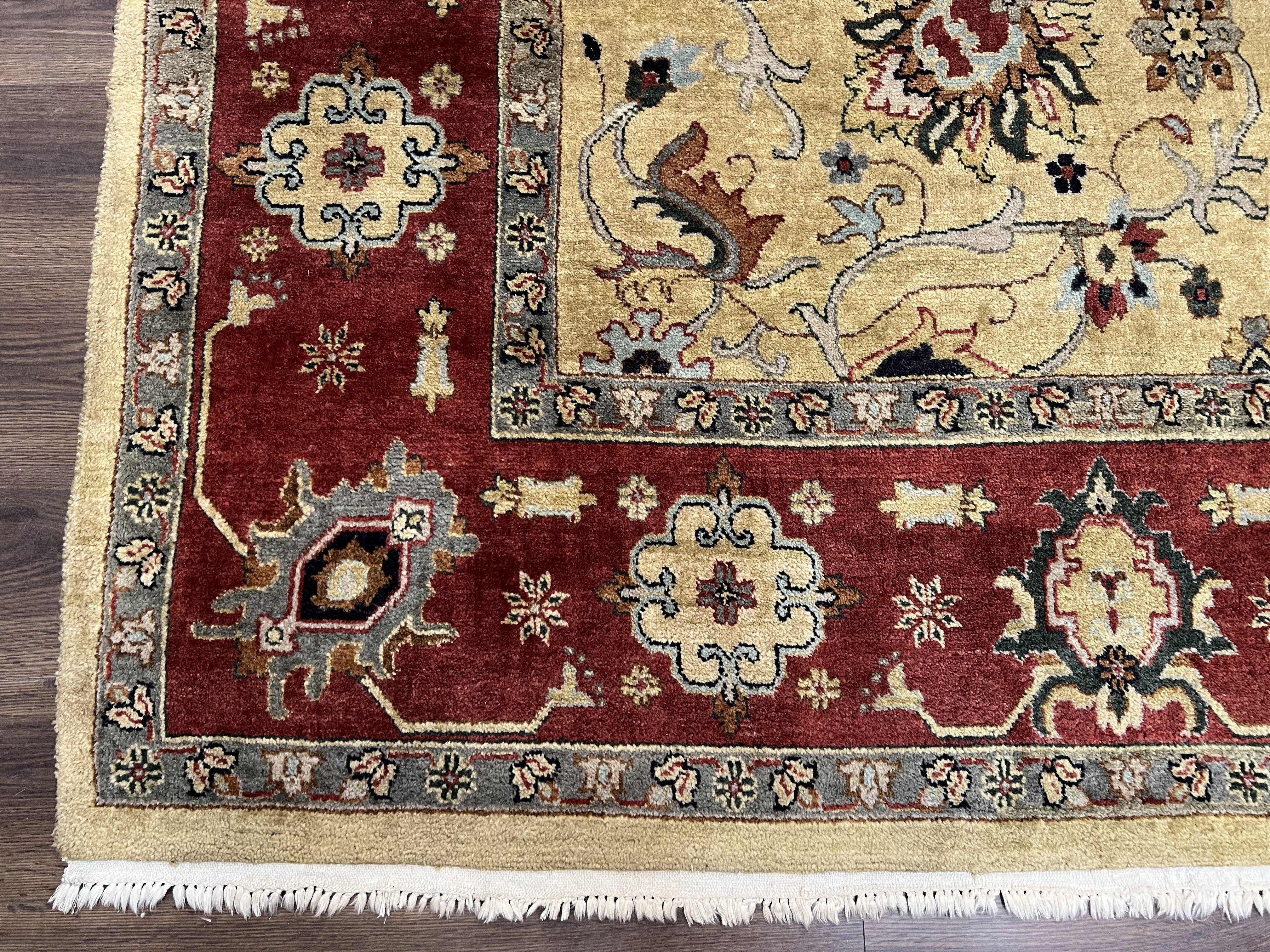 Indo Persian Mahal Rug 8x12, Wool Hand Knotted Oriental Carpet, Light Gold and Burgundy, Floral Allover, Vintage Room Sized Area Rug 8 x 12 - Jewel Rugs