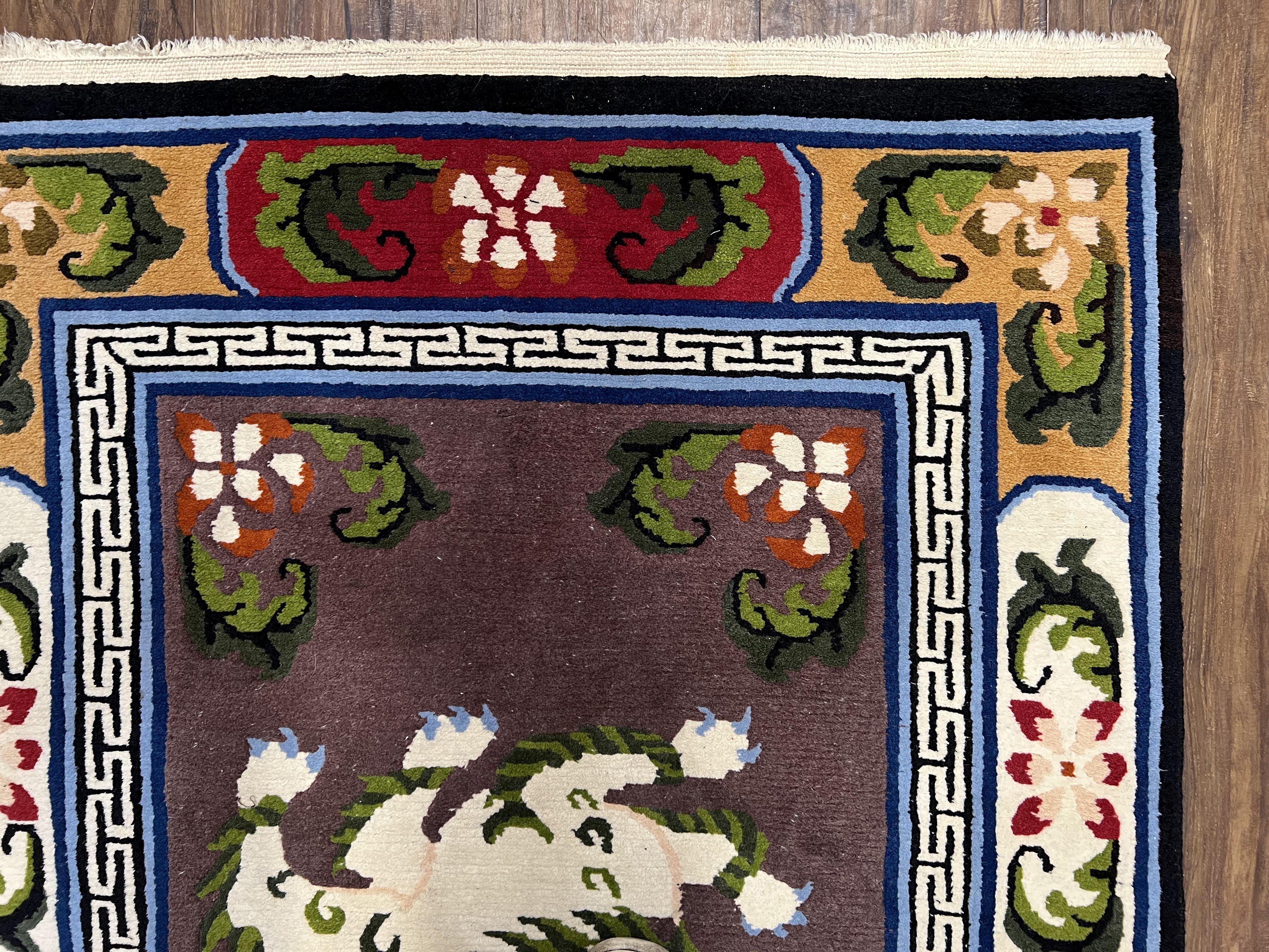 Chinese Art Deco Rug 3 x 5.5 with Animal Pictorials, Vintage Chinese Peking Wool Area Rug, Dark Puce Maroon Ivory, Hand Knotted Soft Carpet - Jewel Rugs