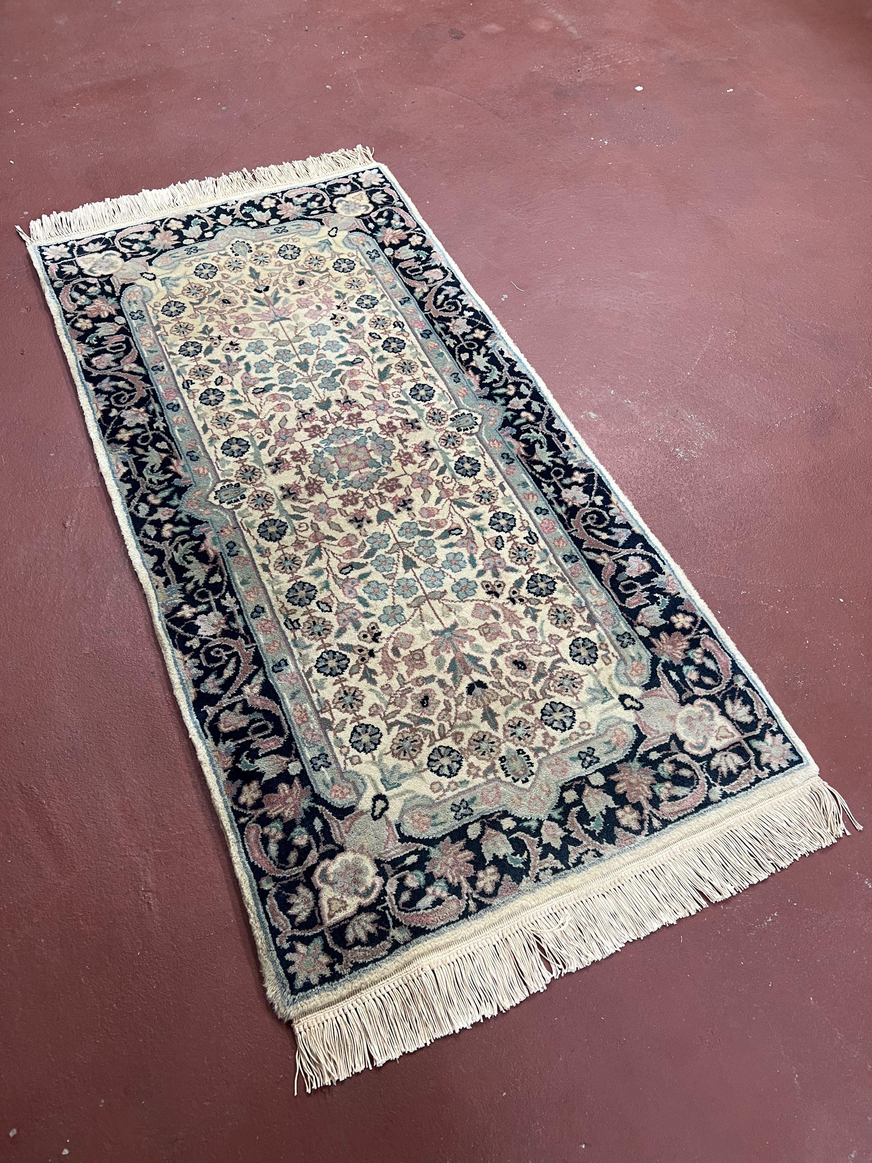 Small Indo Persian Kirman Rug 2x4, Floral Allover Cream and Midnight Blue Mini Persian Carpet, Vintage 1970s Handmade Wool Quality Rug - Jewel Rugs