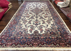 Beautiful Oversized Persian Kirman Rug 9x18 ft, Palace Sized Wool Handmade Oriental Carpet 9 x 18, Ivory Cream Dark Red Blue, 1940s Vintage Floral - Jewel Rugs