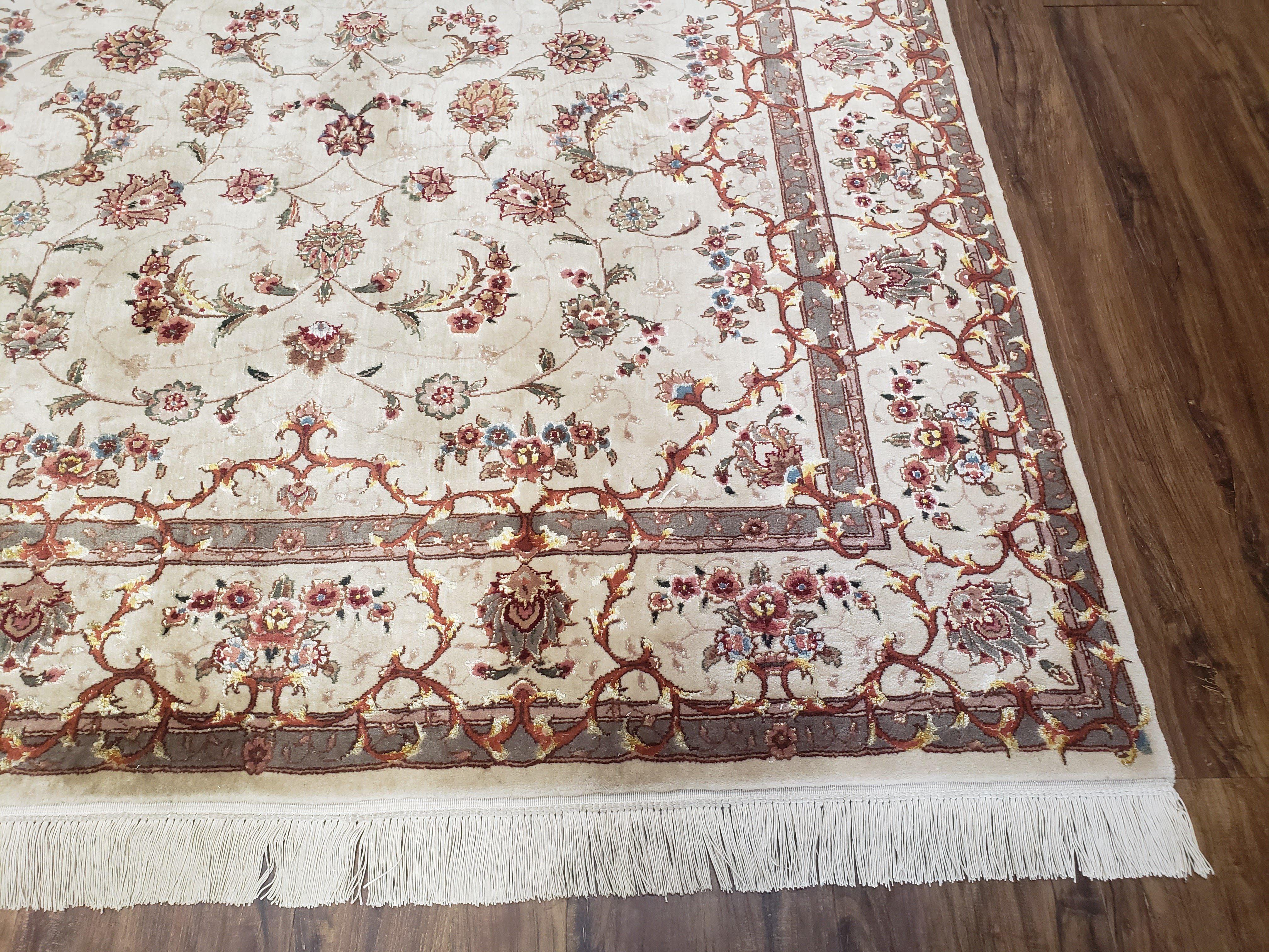 Vintage Pak Persian Area Rug 4x6 - 5x7, Wool w/ Silk Highlights Hand-Knotted, Ivory Allover Floral Pakistani Carpet, Foyer Room Entryway Rug - Jewel Rugs