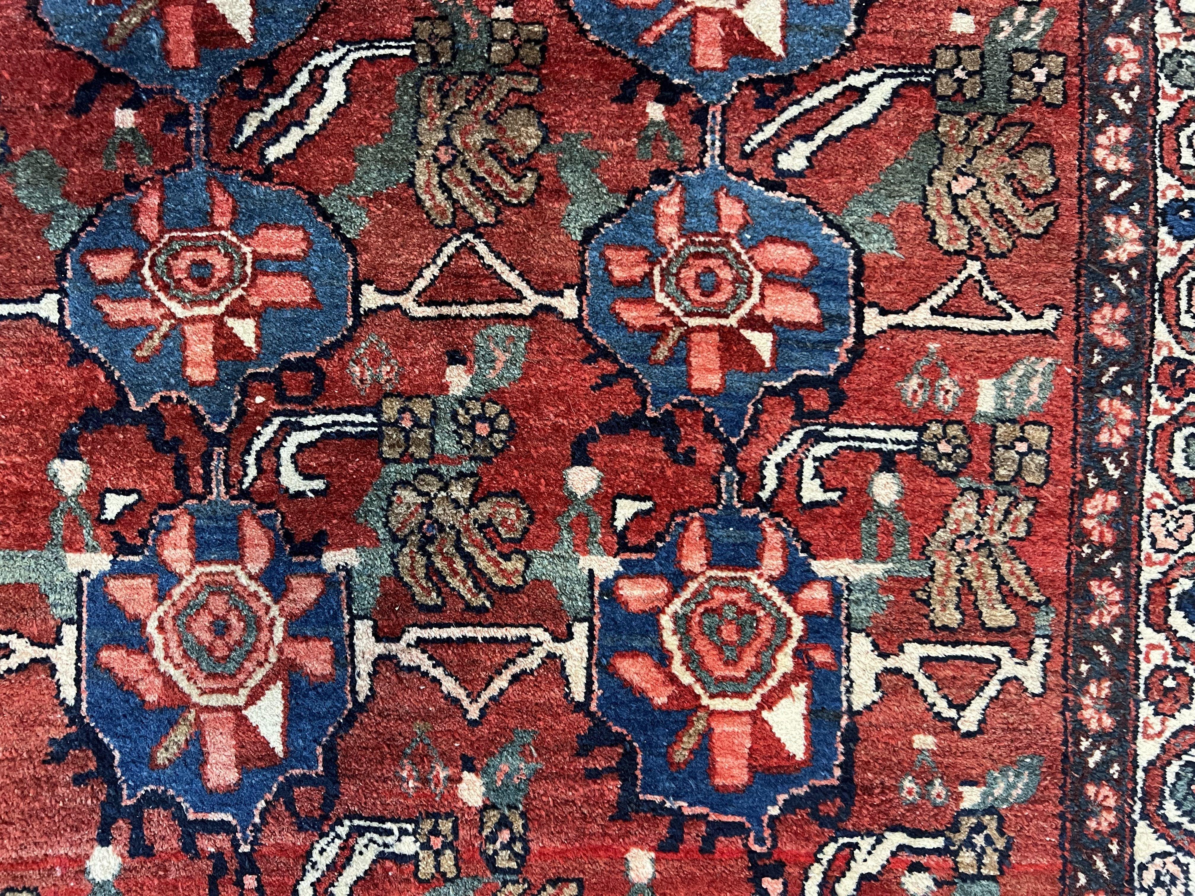 Antique Persian Bijar Rug 9x12 - Allover Motif, Red & Blue - Jewel Rugs