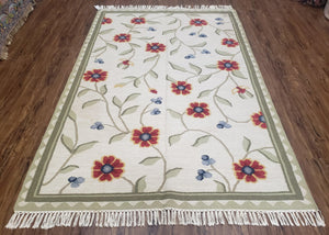 Flat Weave Rug 5x8, Indian Kilim Area Rug, Floral Handmade Hand-Woven Carpet, Ivory Wool Contemporary Indo Kilim Rug for Living Room Bedroom - Jewel Rugs