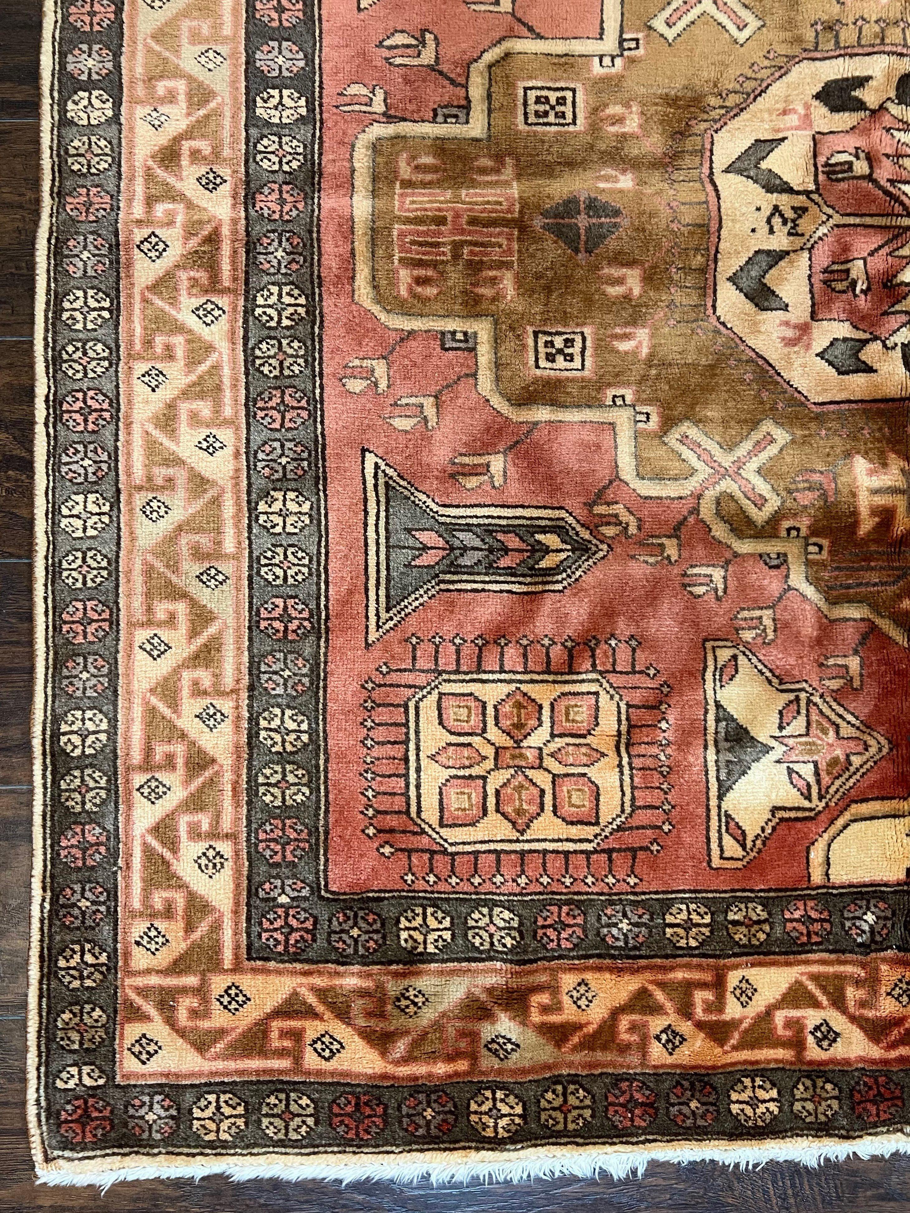 Wide Persian Ardabil Runner Rug 5x11, Vintage Semi Antique Handmade Wool Hallway Corridor Carpet, Geometric Caucasian Kazak Pattern, Salmon Cream - Jewel Rugs