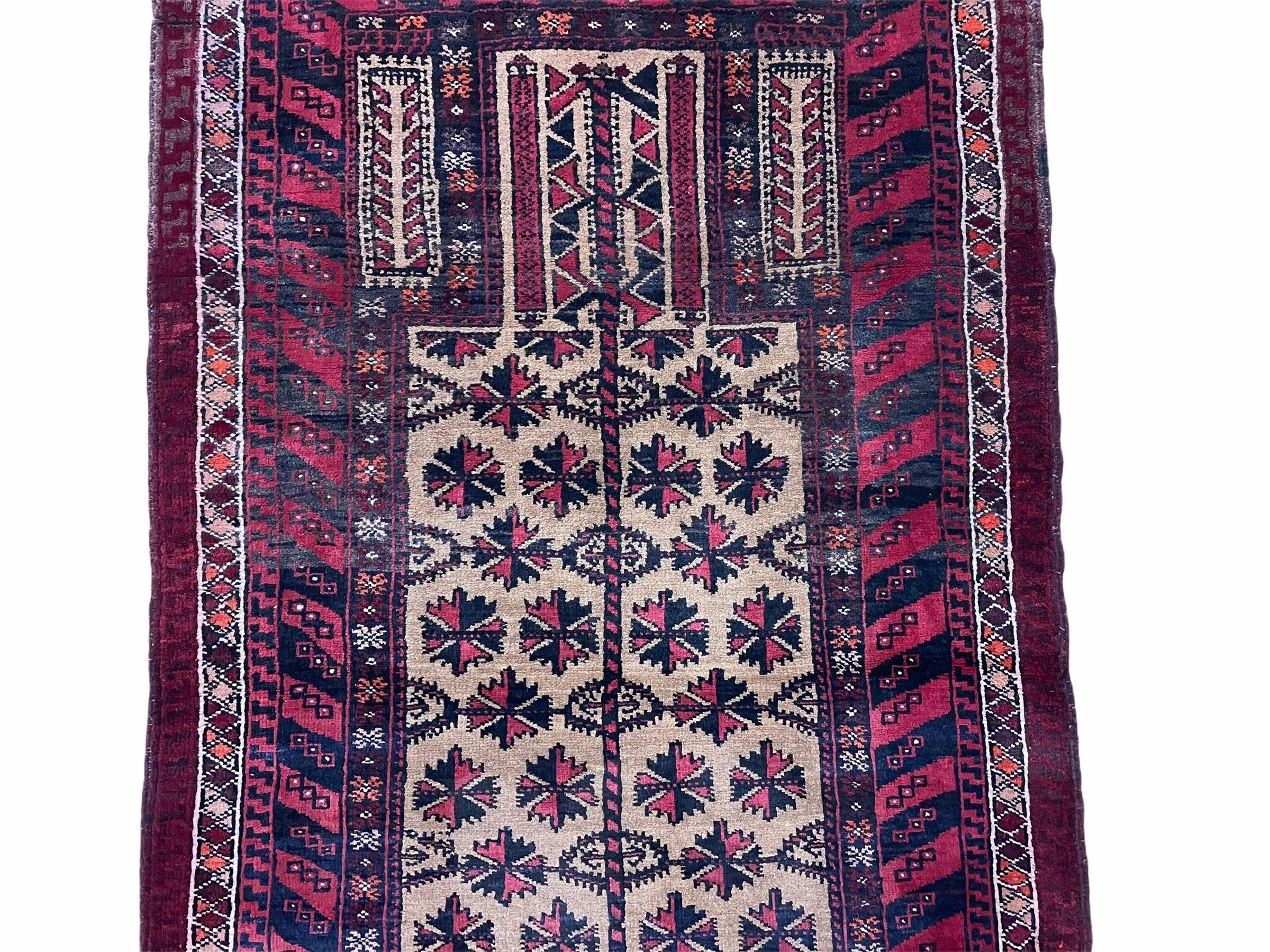 2' 6" X 4' 4" Vintage Handmade Tribal Wool Rug Balouchi Afghan Rug Red 3x5 - Jewel Rugs