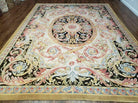 9' X 12' Vintage Chinese Handmade Wool Aubusson Savonnerie Rug Black Gold - Jewel Rugs