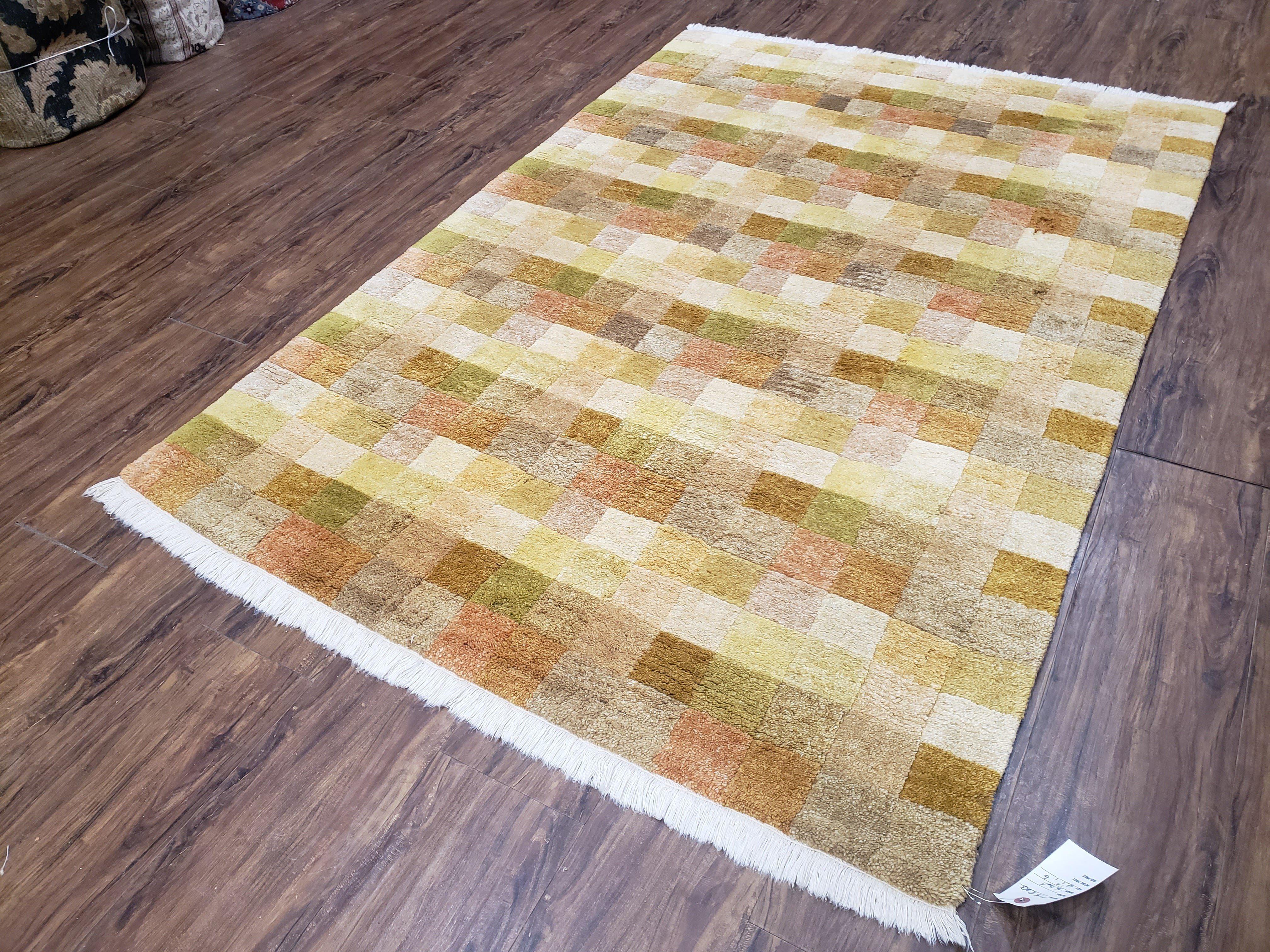 4x6 Tibetan Rug, Modern Abstract Handmade Area Rug, Checkerboard Pattern, Neutral Ivory Gold Tan Colors, Soft Pile, Mid Sized Rug, Nepali - Jewel Rugs