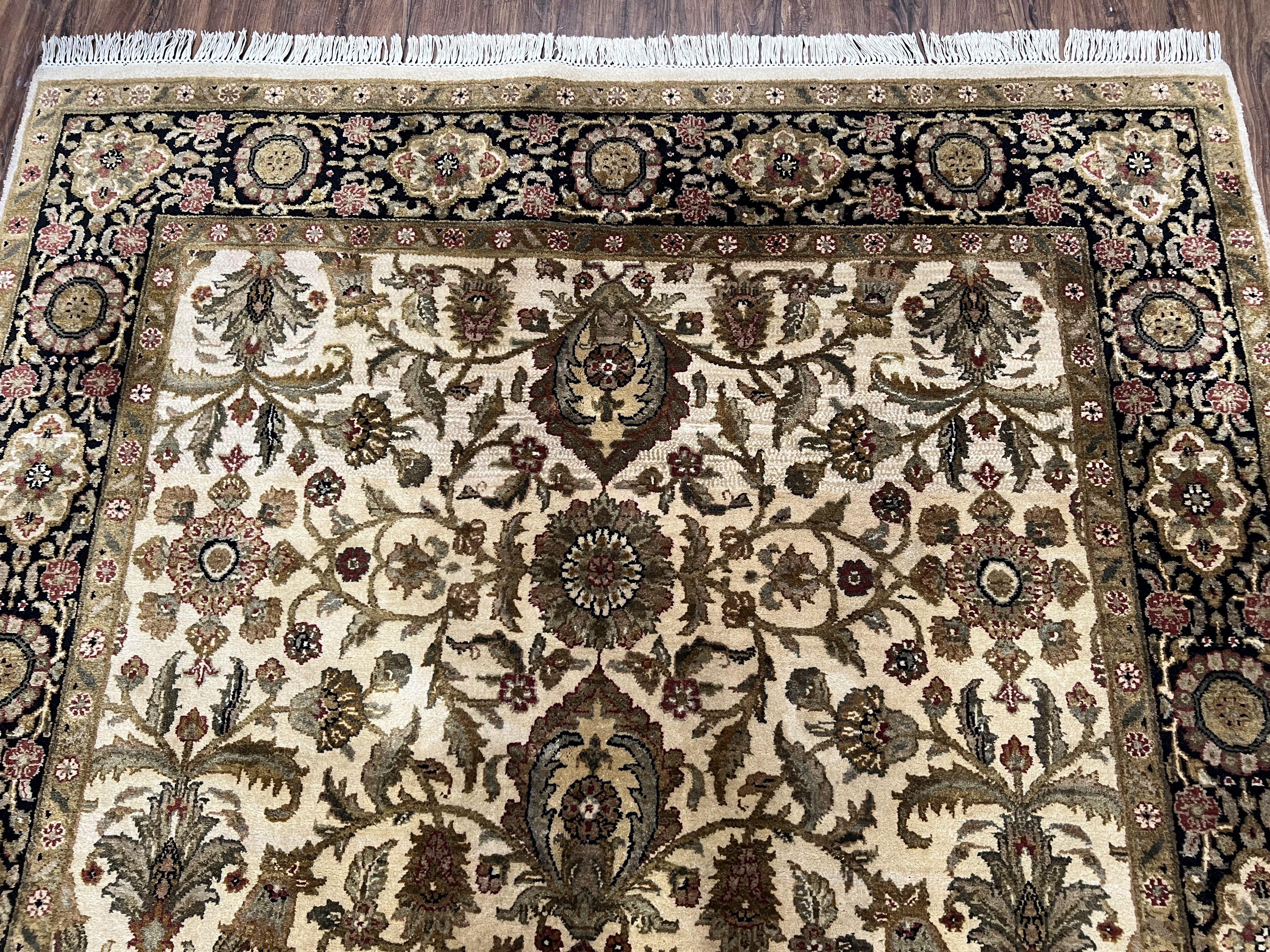 Indo Mahal Rug 6x9, Indian Floral Carpet 6 x 9, Beige and Black, Allover Design, Living Room Rug, Bedroom Rug, Traditional Rug, Vintage Rug - Jewel Rugs