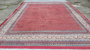 Persian Sarouk Mir Pattern, Red and Beige, Hand-Knotted, Wool, Paisley Boteh Design, 9'9" x 13', Semi Antique - Jewel Rugs