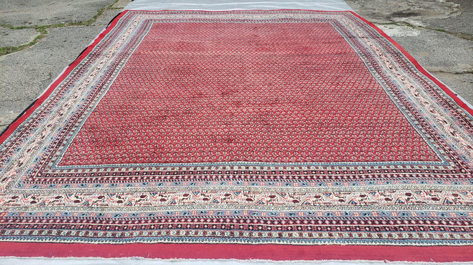 Persian Sarouk Mir Pattern, Red and Beige, Hand-Knotted, Wool, Paisley Boteh Design, 9'9