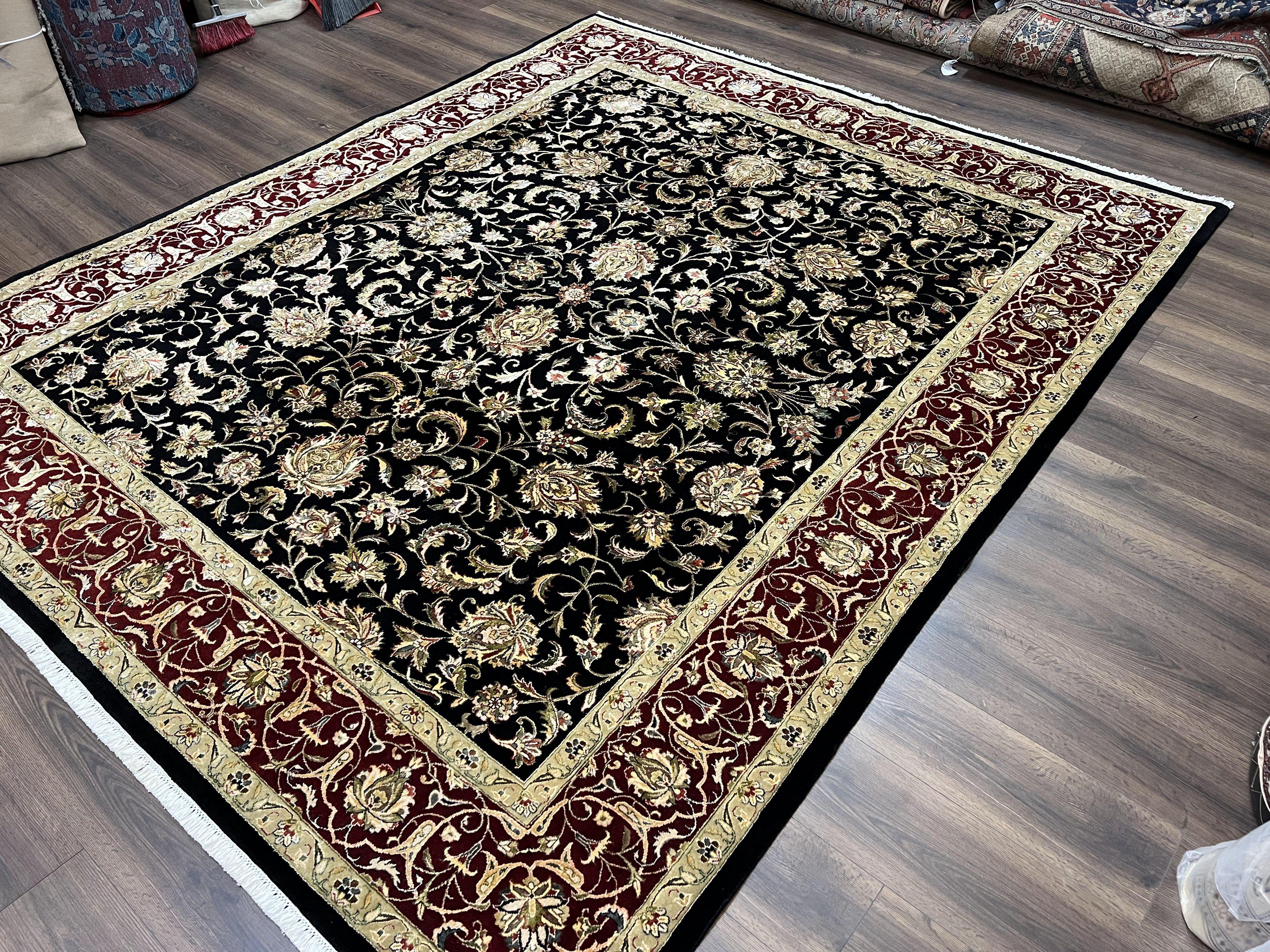 Indo Persian Rug 8x10, Black and Maroon Floral Allover Wool and Silk Oriental Carpet 8 x 10 ft, Hand Knotted Traditional Vintage Room Sized - Jewel Rugs